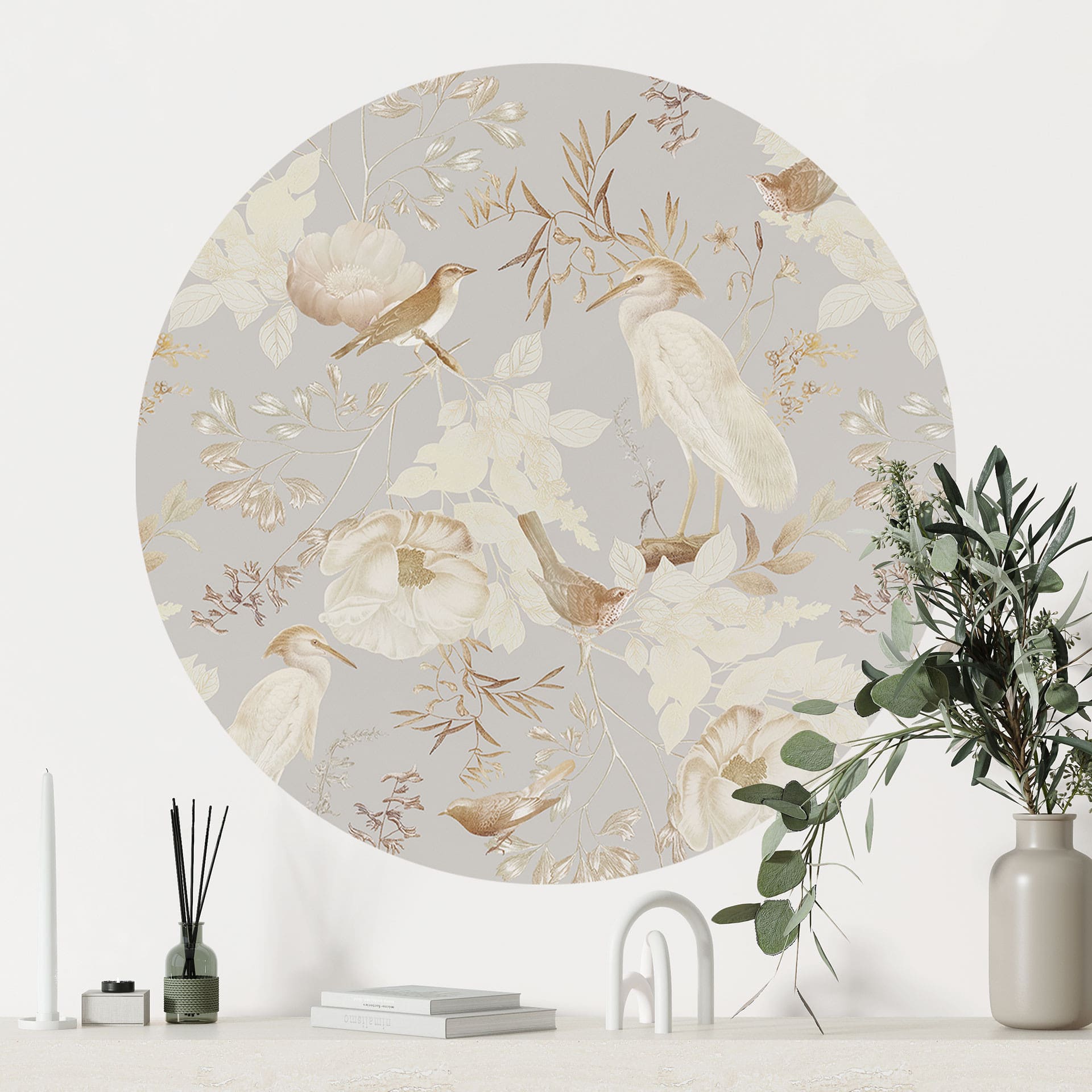 Vinilo decorativo Pájaros entre flores blancas - UN Designs - Redondo