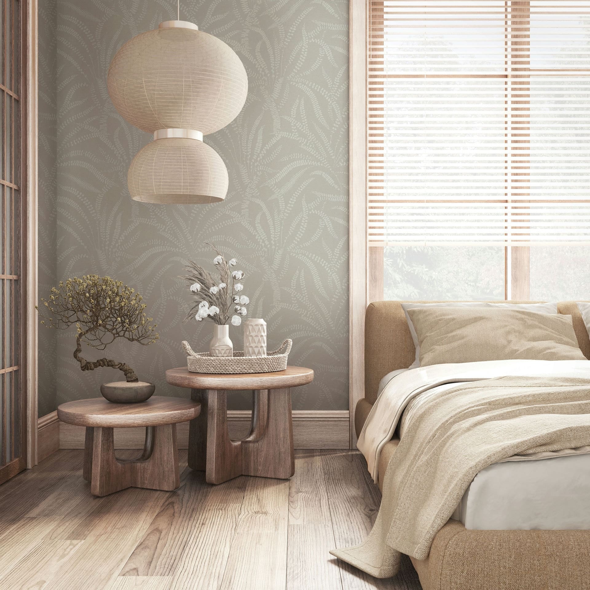 Vliesbehang bladeren, ranken bloemen natuur in grijs beige