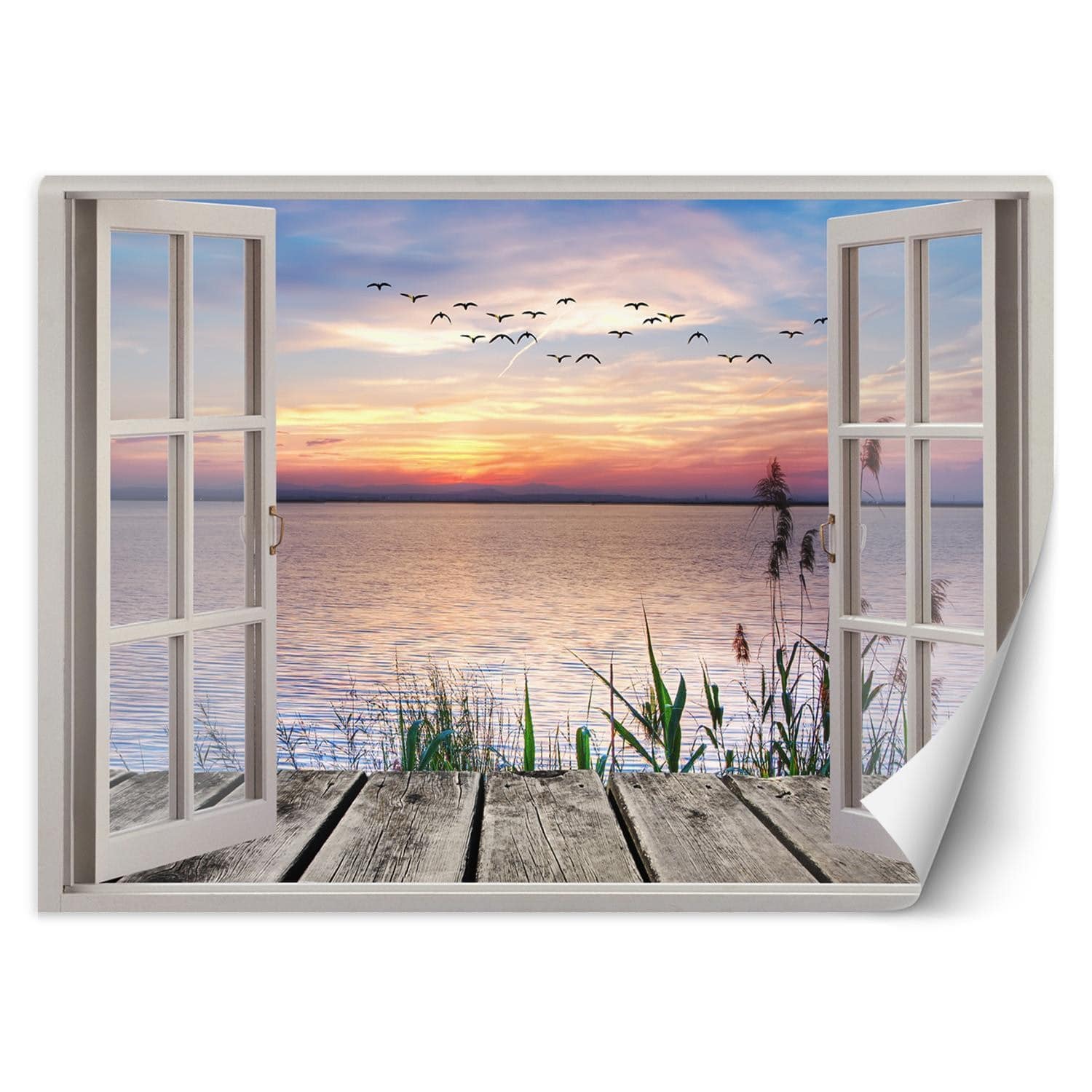 Fototapete Fensterblick Sonnenuntergang Steg Landschaft