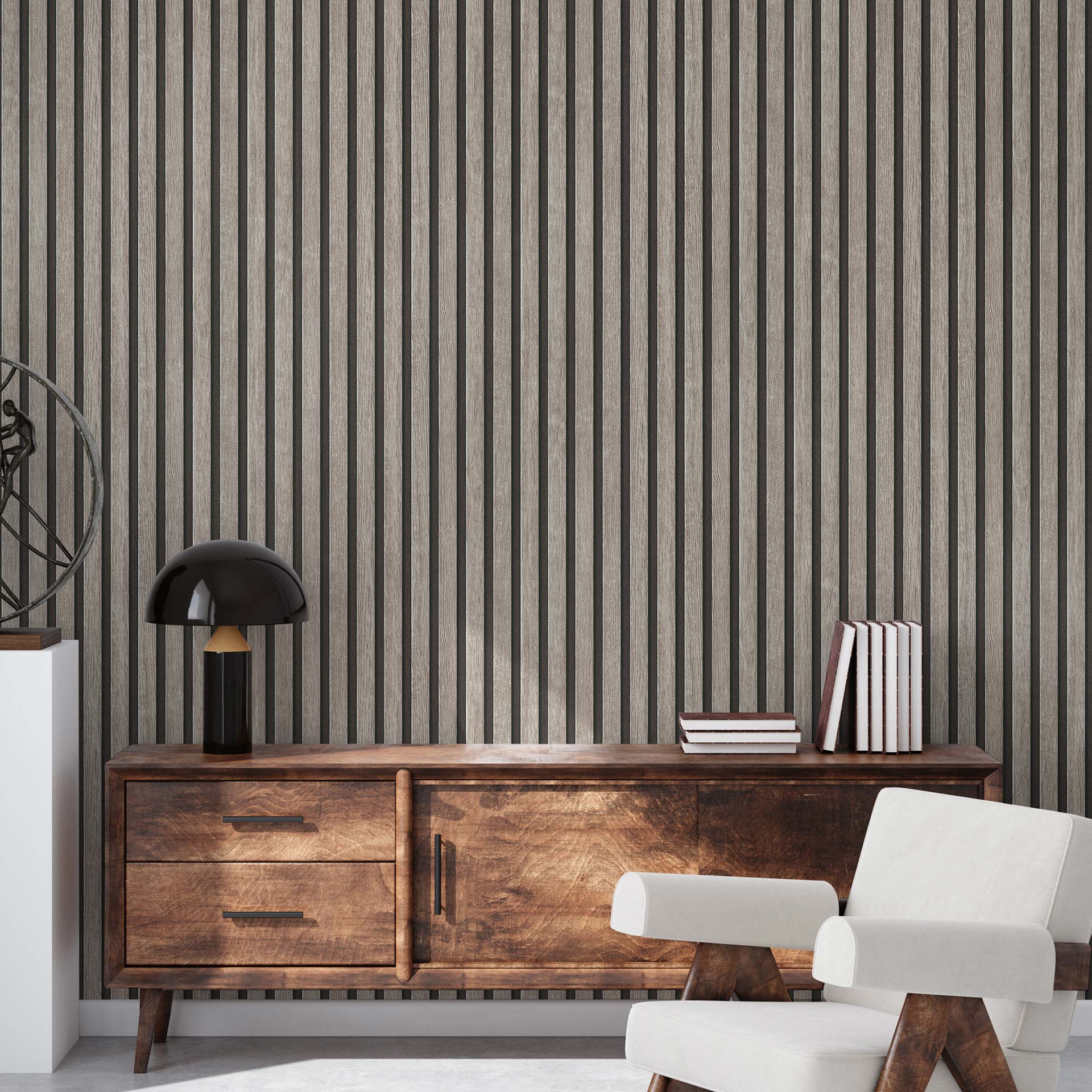 3D Houten Panelen Look Vliesbehang, Houtlook Behang van A.S. Creation, Grijs, Zwart