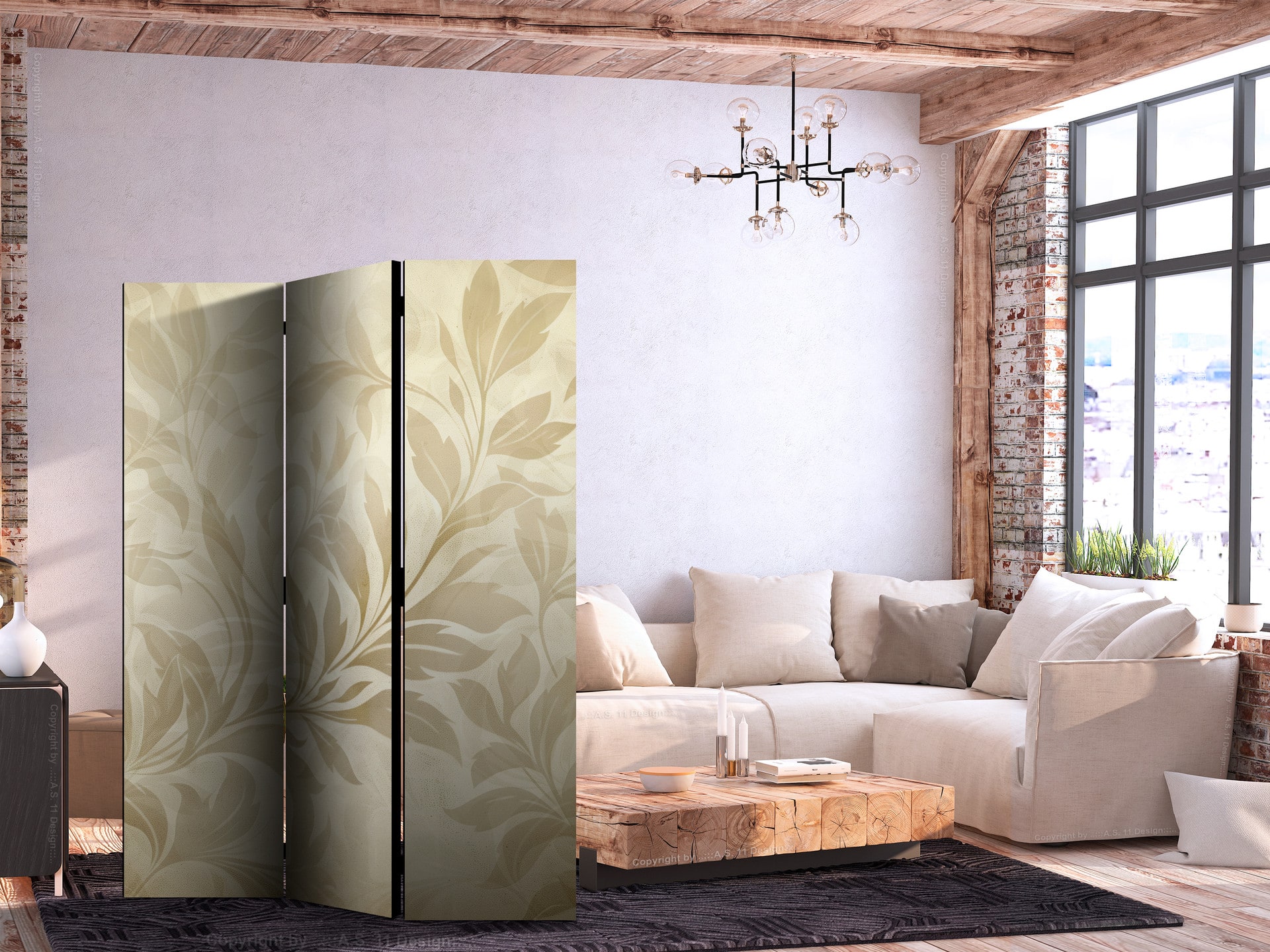 Paravent, Raumteiler freistehend, Trennwand - Botanical Motif with Leaves and Vines in Sandy Colors.
