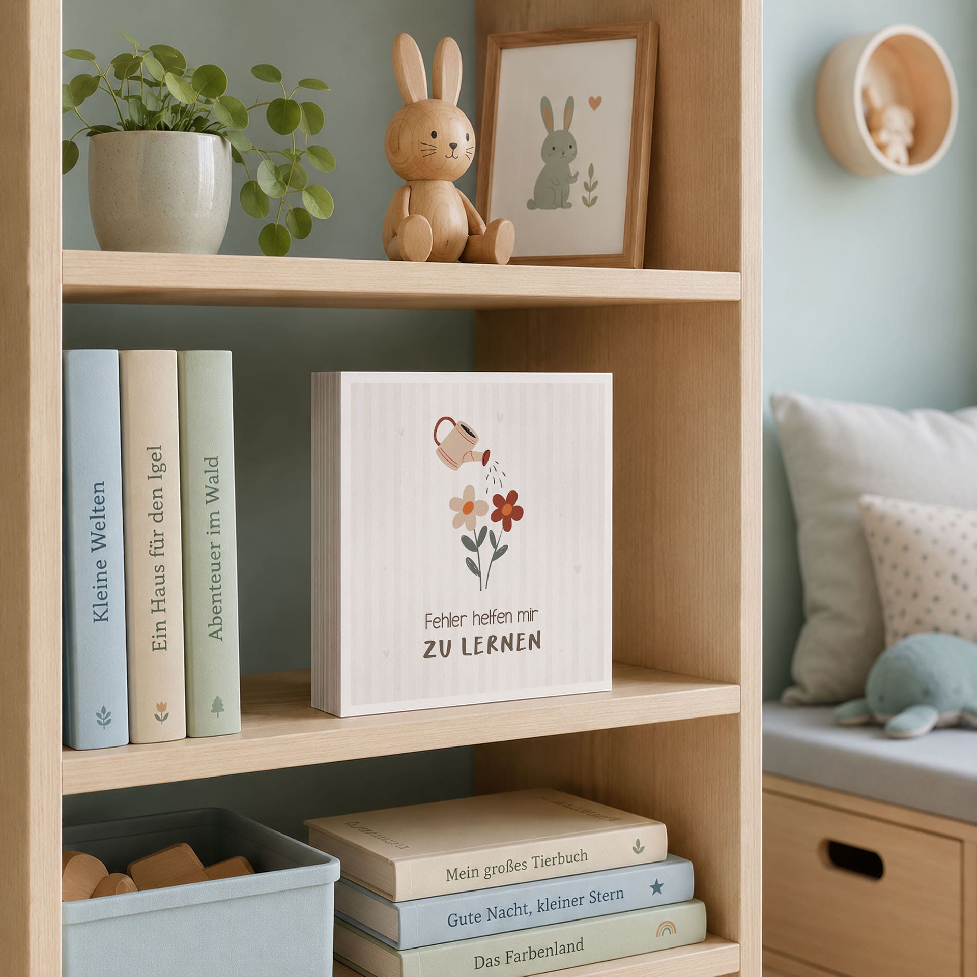 Holzbild zum Hinstellen - Gießkanne-Motiv mit Mutmachspruch 'Fehler helfen mir zu lernen'