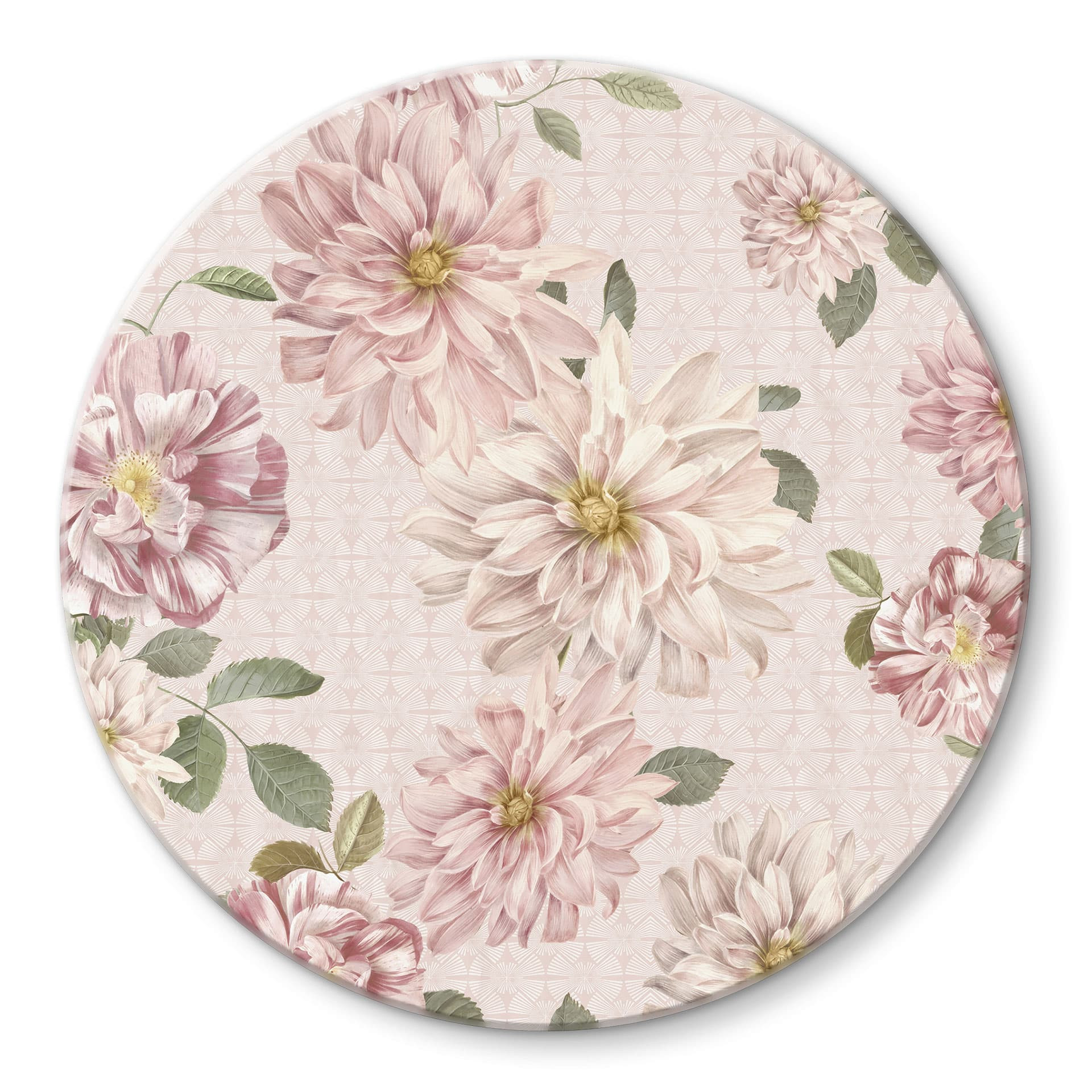Glasbillede - Dahliaer Shabby Chic Pink - Bloomery Decor - Round