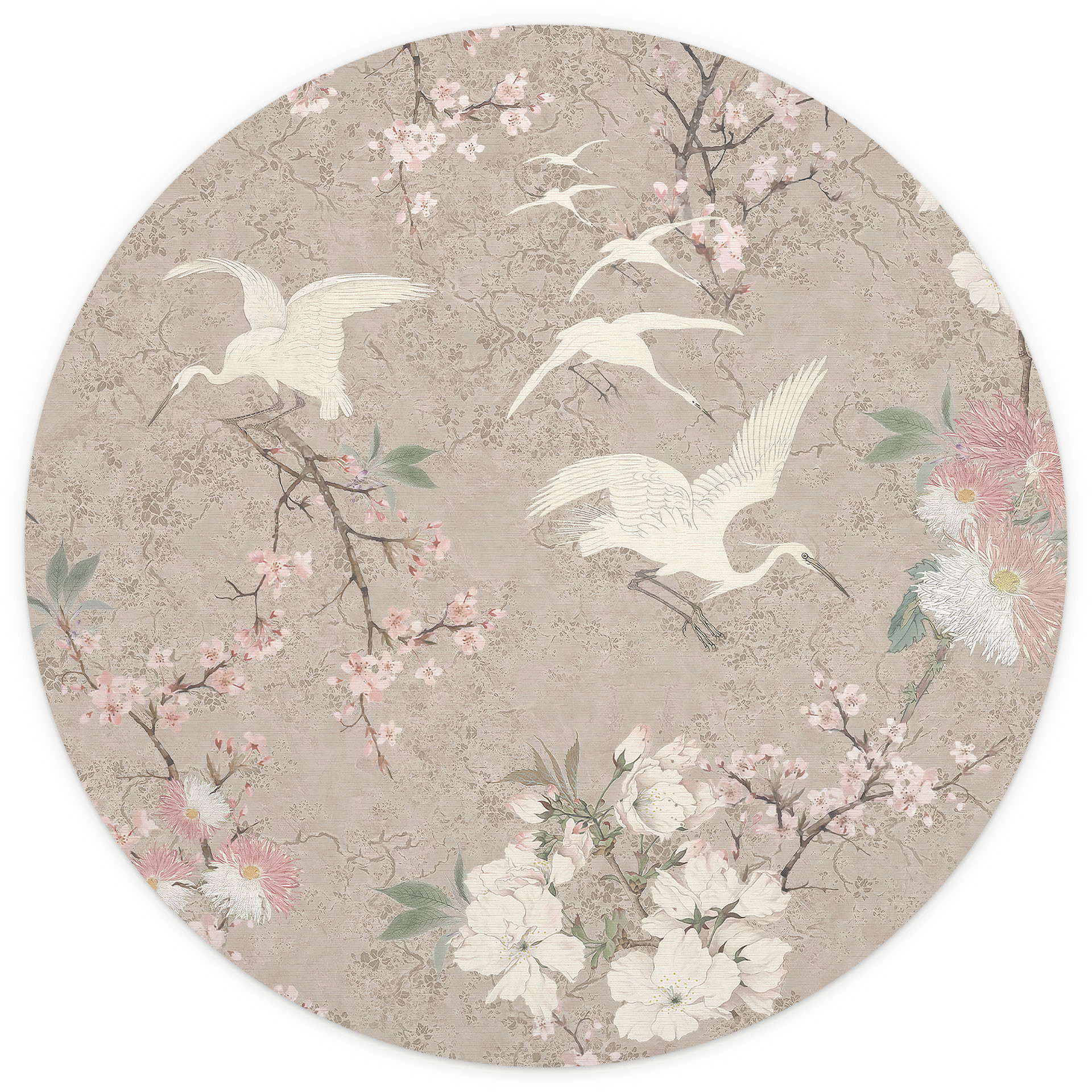 Kraanvogels in Kersenbloesem Rush Beige | Chinoiserie Fotobehang - Bloemdecor - rond - zelfklevend/n