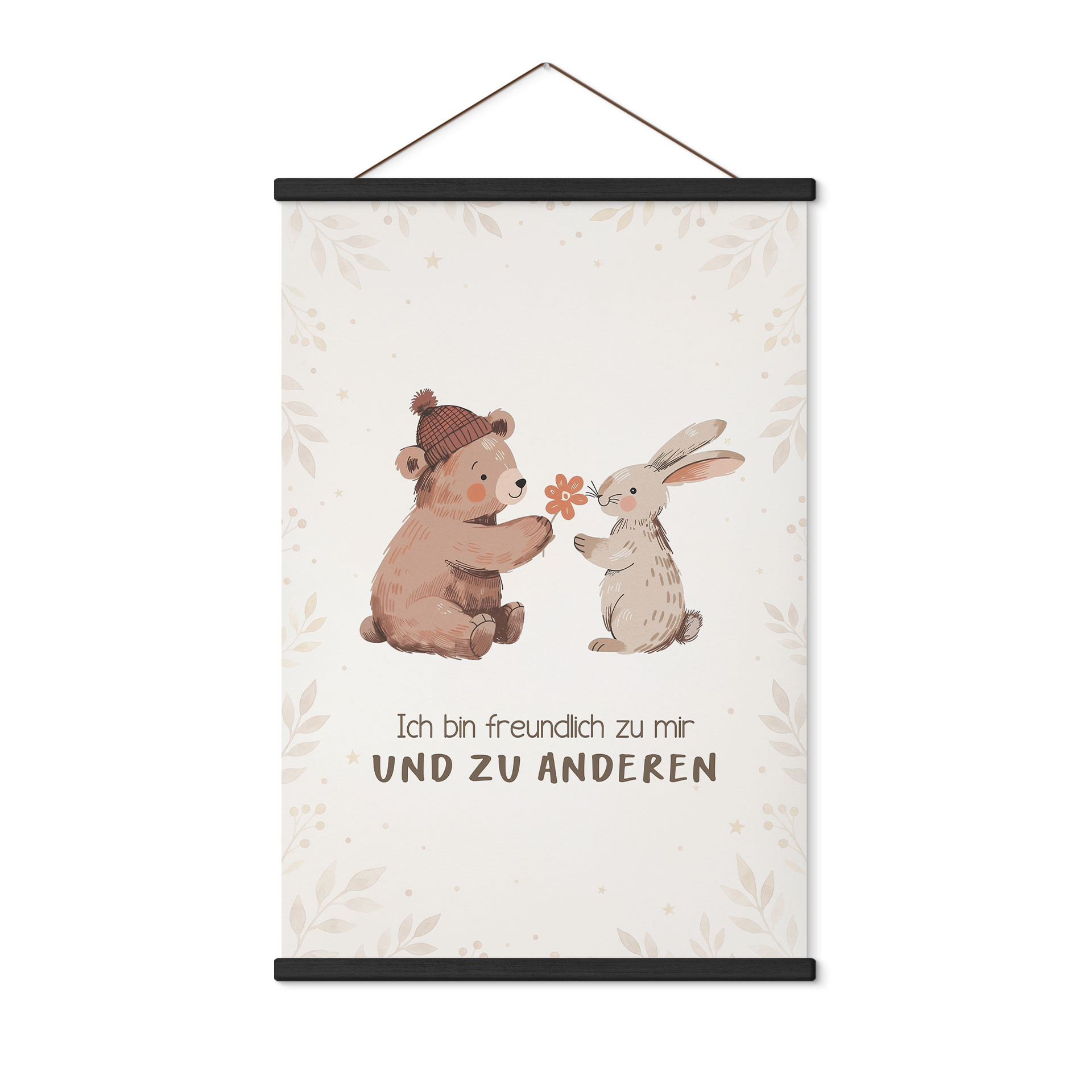 Stoffbild mit Bär und Hase - Kraftsatz 'Ich bin freundlich' für Kinder