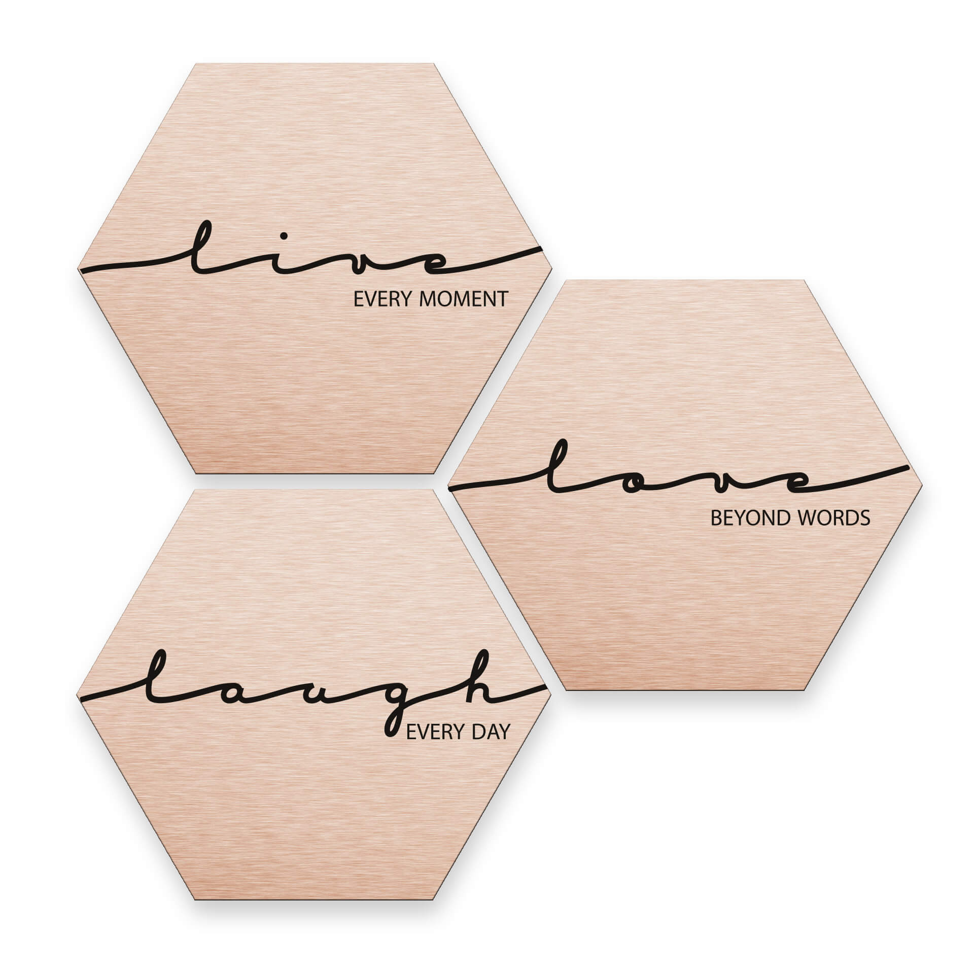 Hexagon - Alu-Dibond-Kupfereffekt - Live Laugh Love (3er Set)