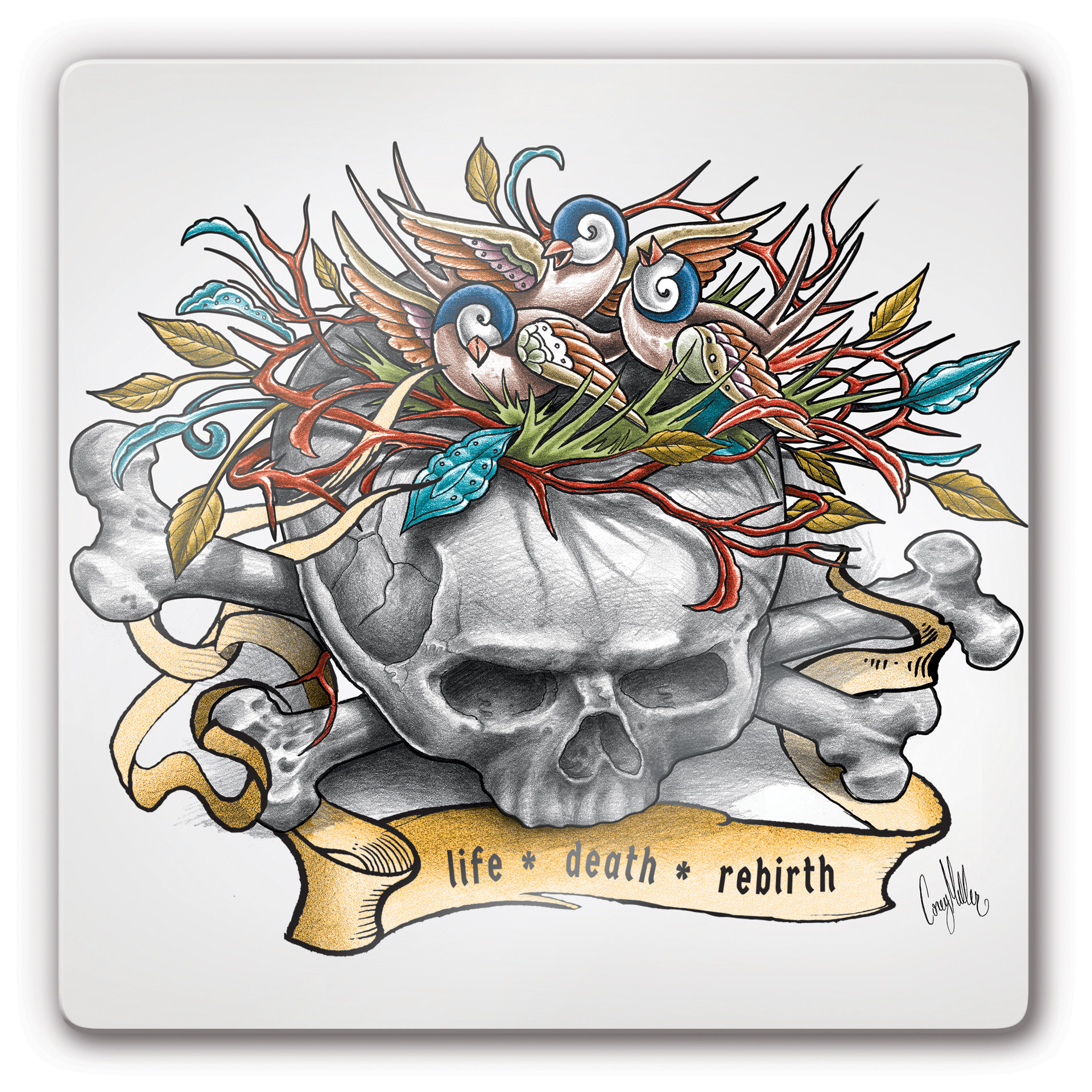 Glasbild LA Ink Schädel mit Vogelnest