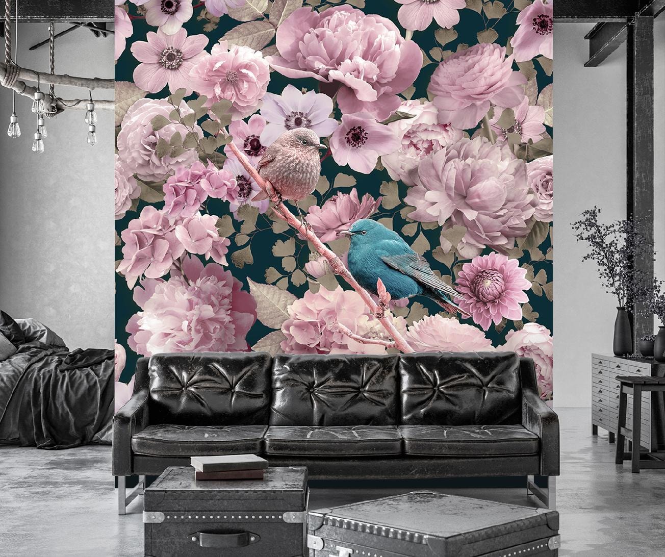 Fototapete, Blauer Vogel auf einem Hintergrund aus rosa Rosen - Andrea Haase