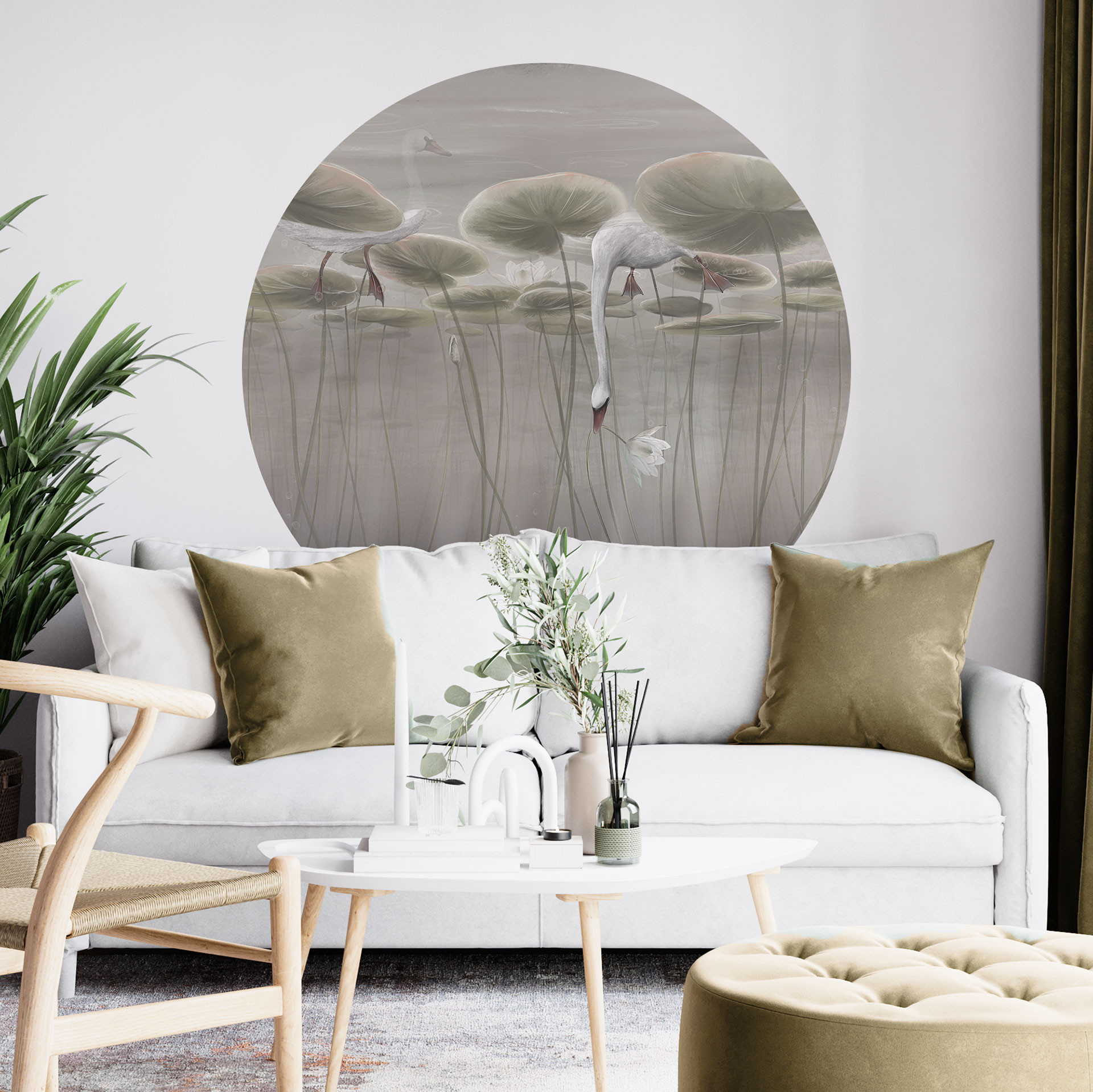 Muursticker lotusbloemen met zwaan in water in grijs - Ms Tiff - Rond