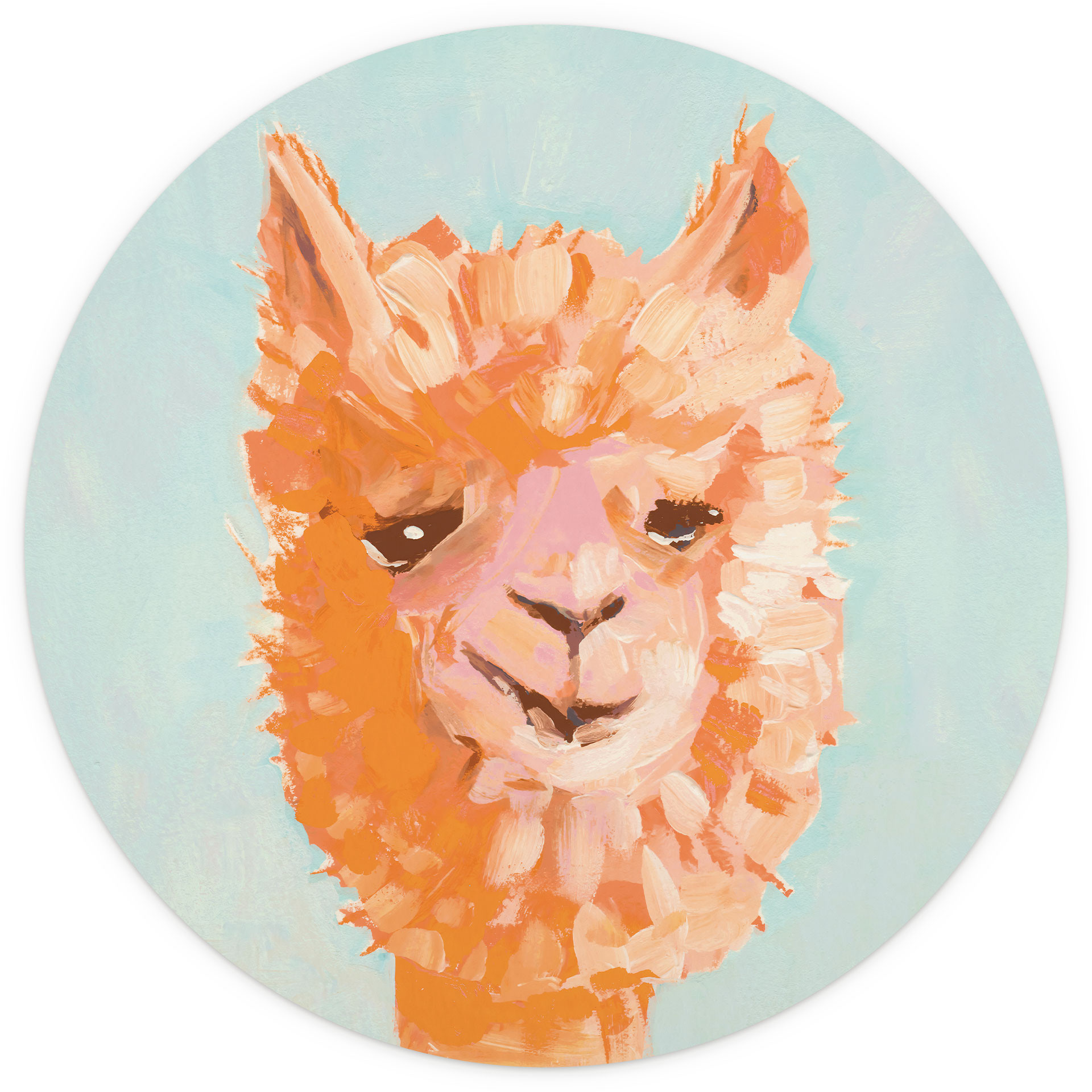 Fotobehang met dierenmotief - Oranje Alpaca - Zwara - Rond - vliesbehang/zelfklevend vliesbehang