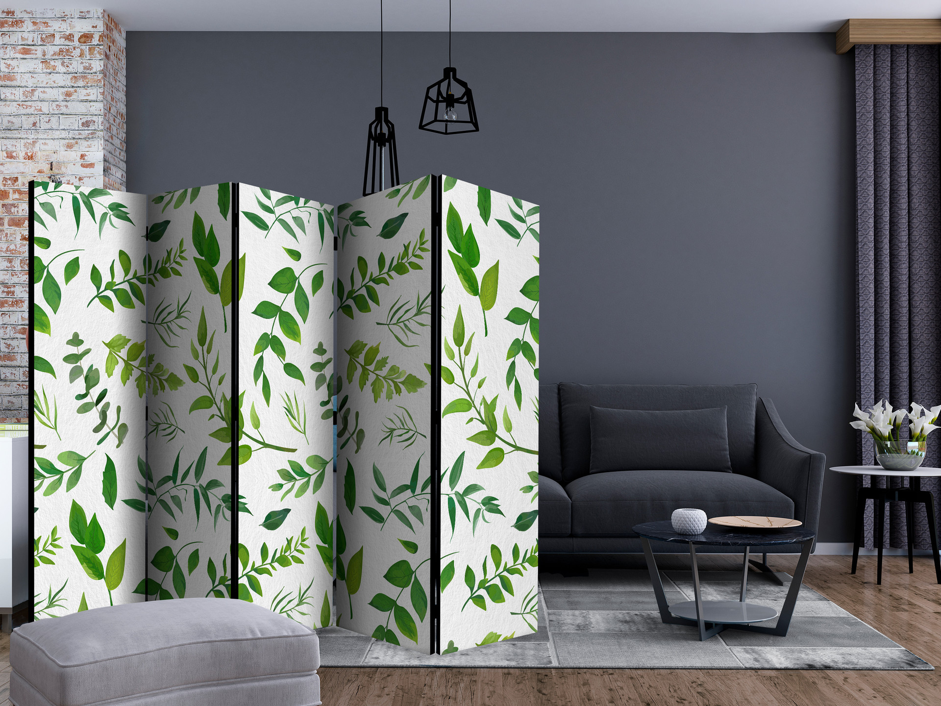 Paravent, Raumteiler freistehend, Trennwand - Green Twigs II, 5-teilig - einseitig bedruckt - 225x17