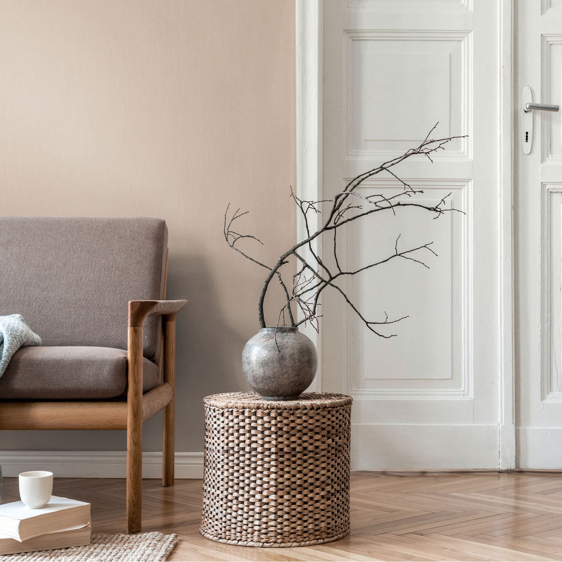 Eenbehang linnen look crème beige - Vliesbehang effen kleur structuur mat