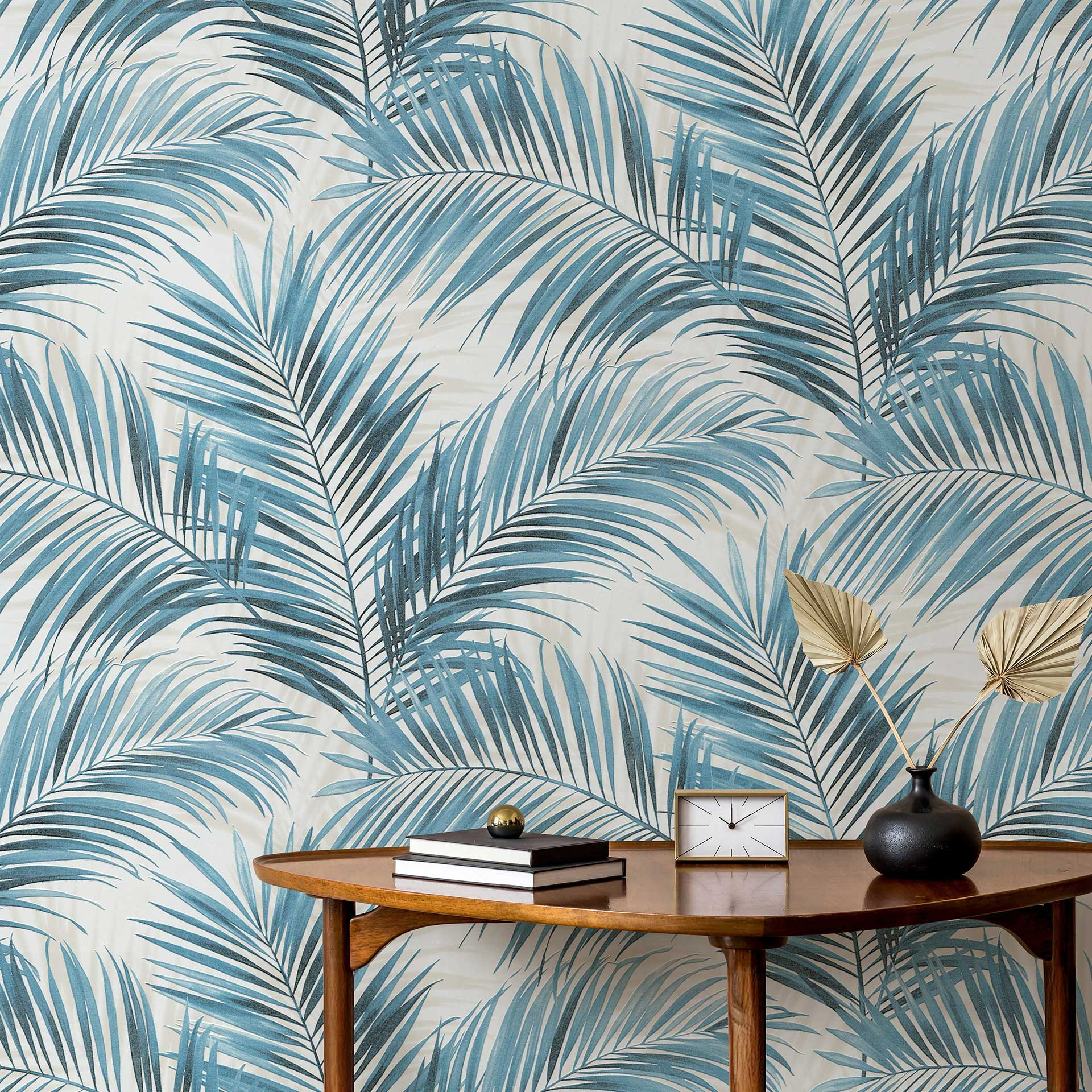 Vliesbehang, bladmotief behang Cameo blauw