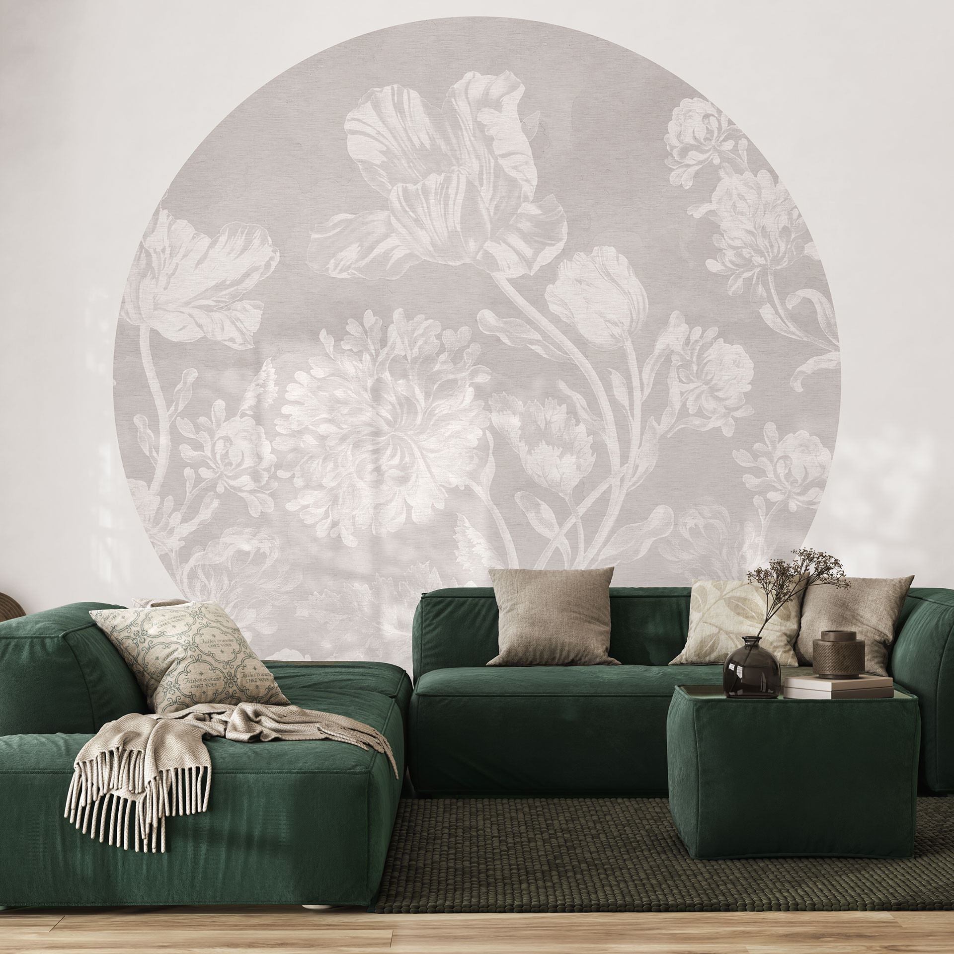 Fotobehang Wildflowers in krijtlook Beige - Bloemdecor - Rond - Zelfklevend/niet-geweven