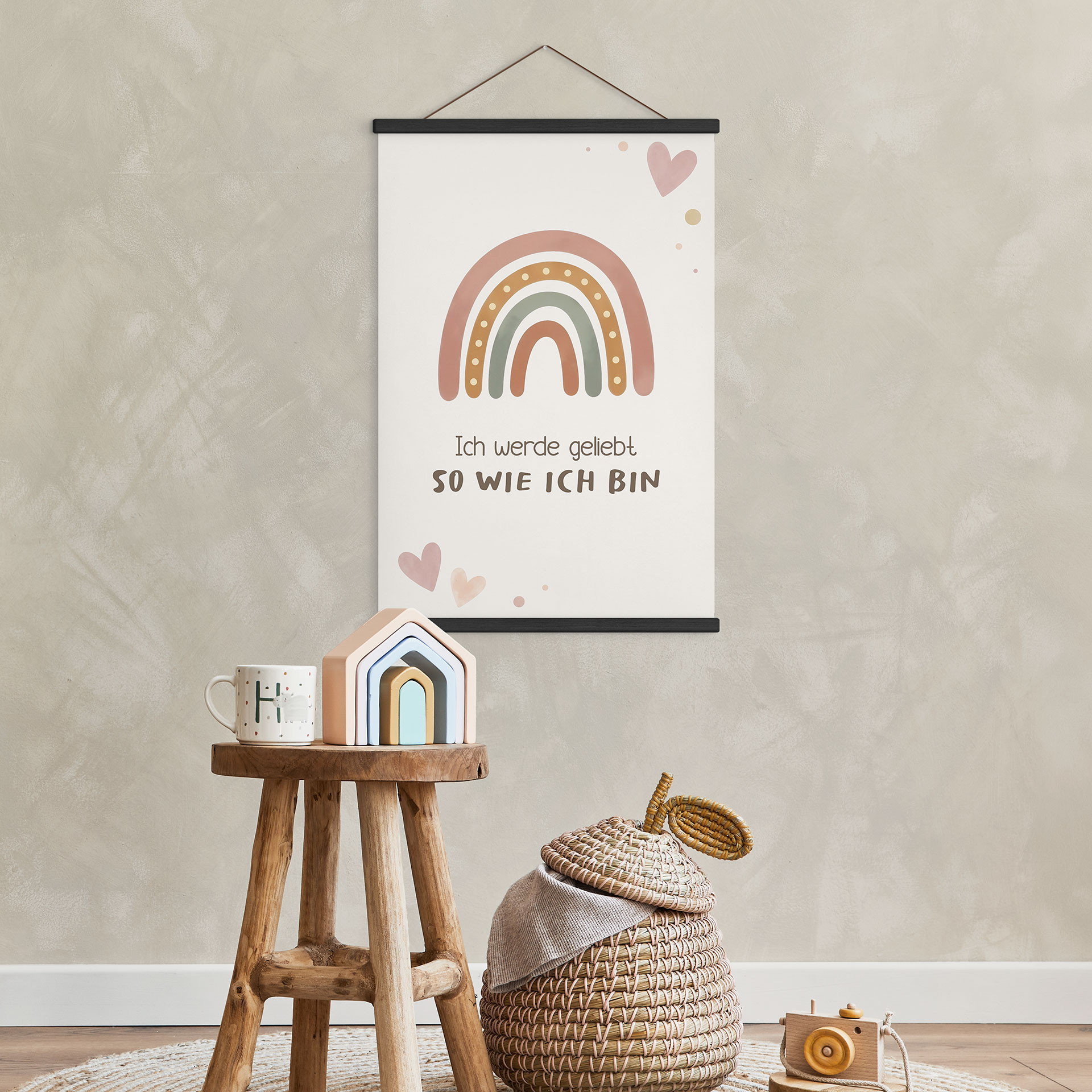 Stoffbild mit Boho-Regenbogen - Glaubenssatz 'Ich werde geliebt' für Kinder