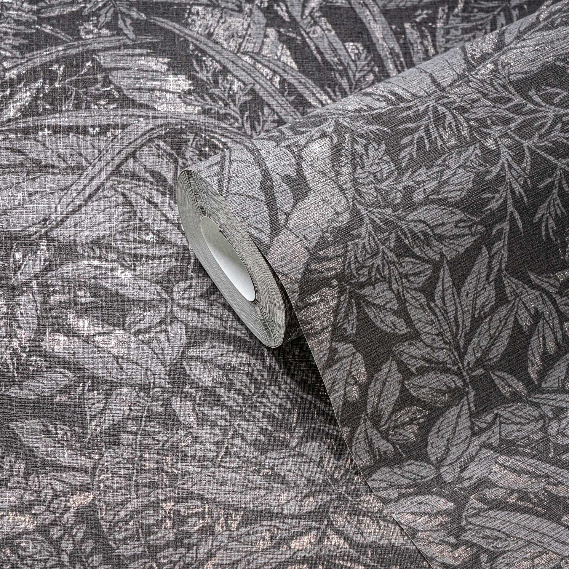 Monochroom bladbehang in grijs - vliesbehang met botanisch design