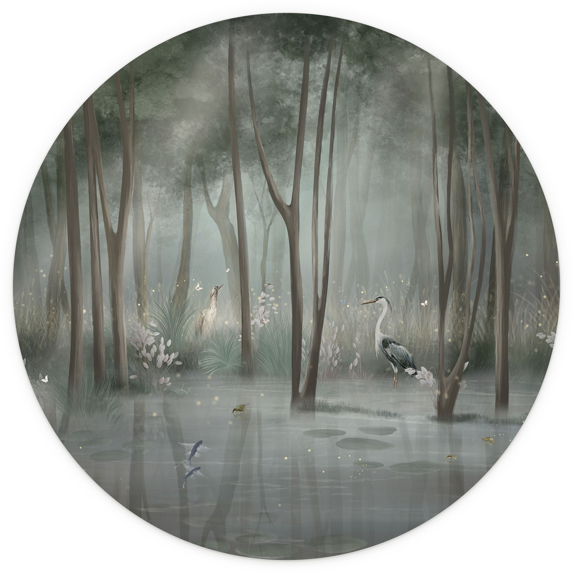 Nevelig bos bij het meer met reiger in het groen - Ms Tiff - Rond - Zelfklevend/niet-geweven