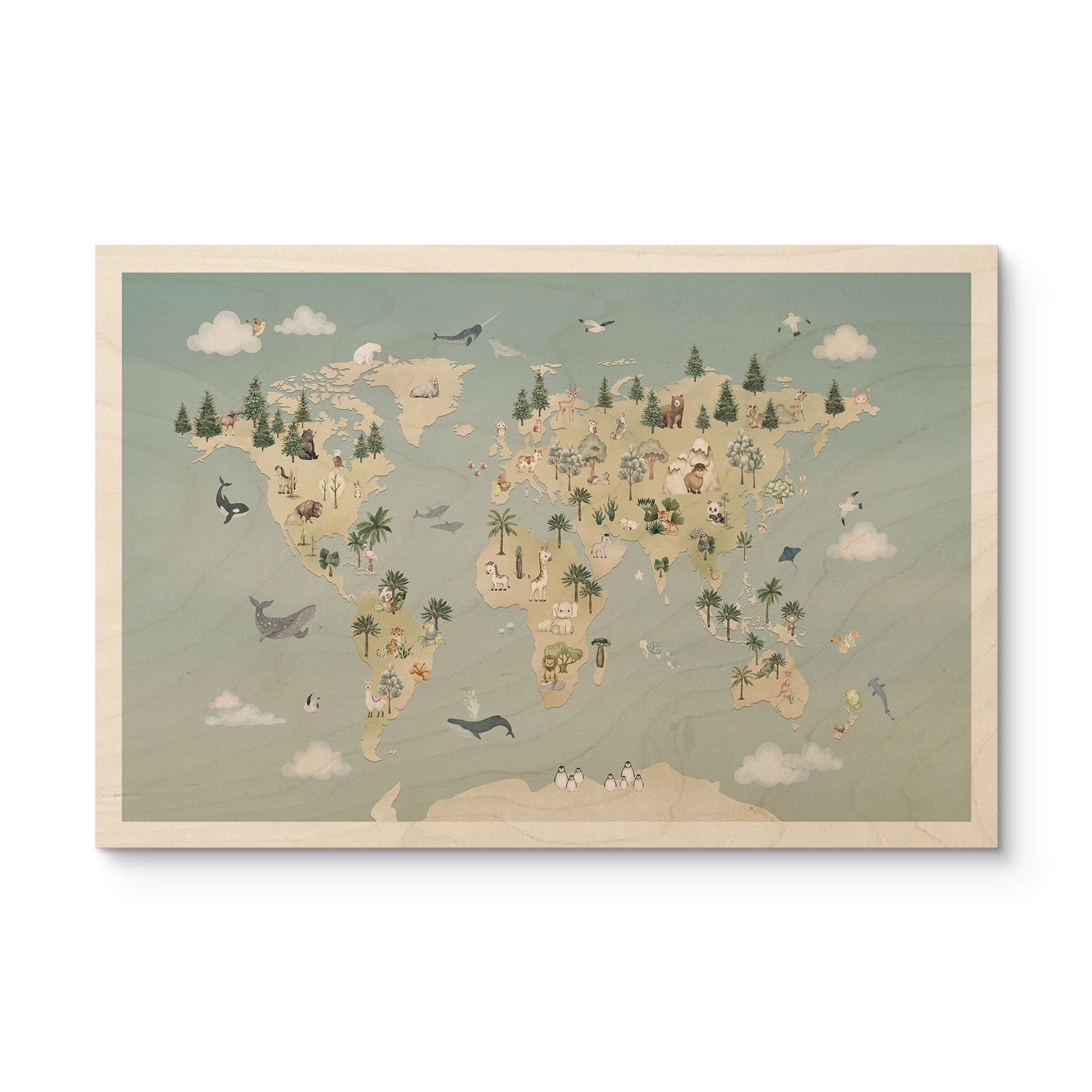 Drewniany obraz Mapa Świata - Świat Zwierząt - Oliver Robins