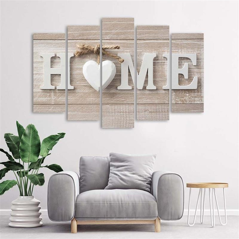 5 stykke lærred Print Heart Home Wood Shabby Beige
