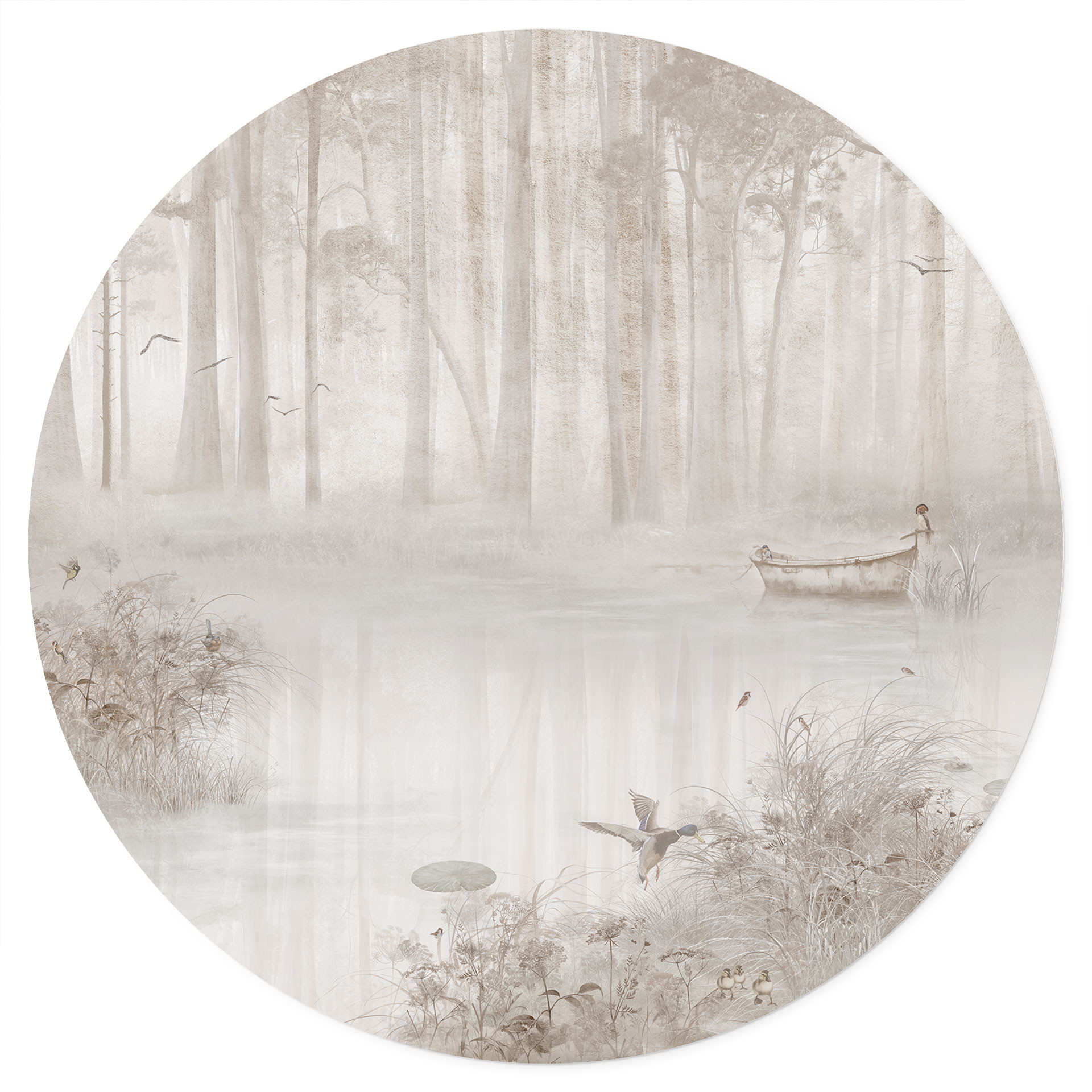 Muursticker bos bij het meer in beige mist - Ms Tiff - Rond