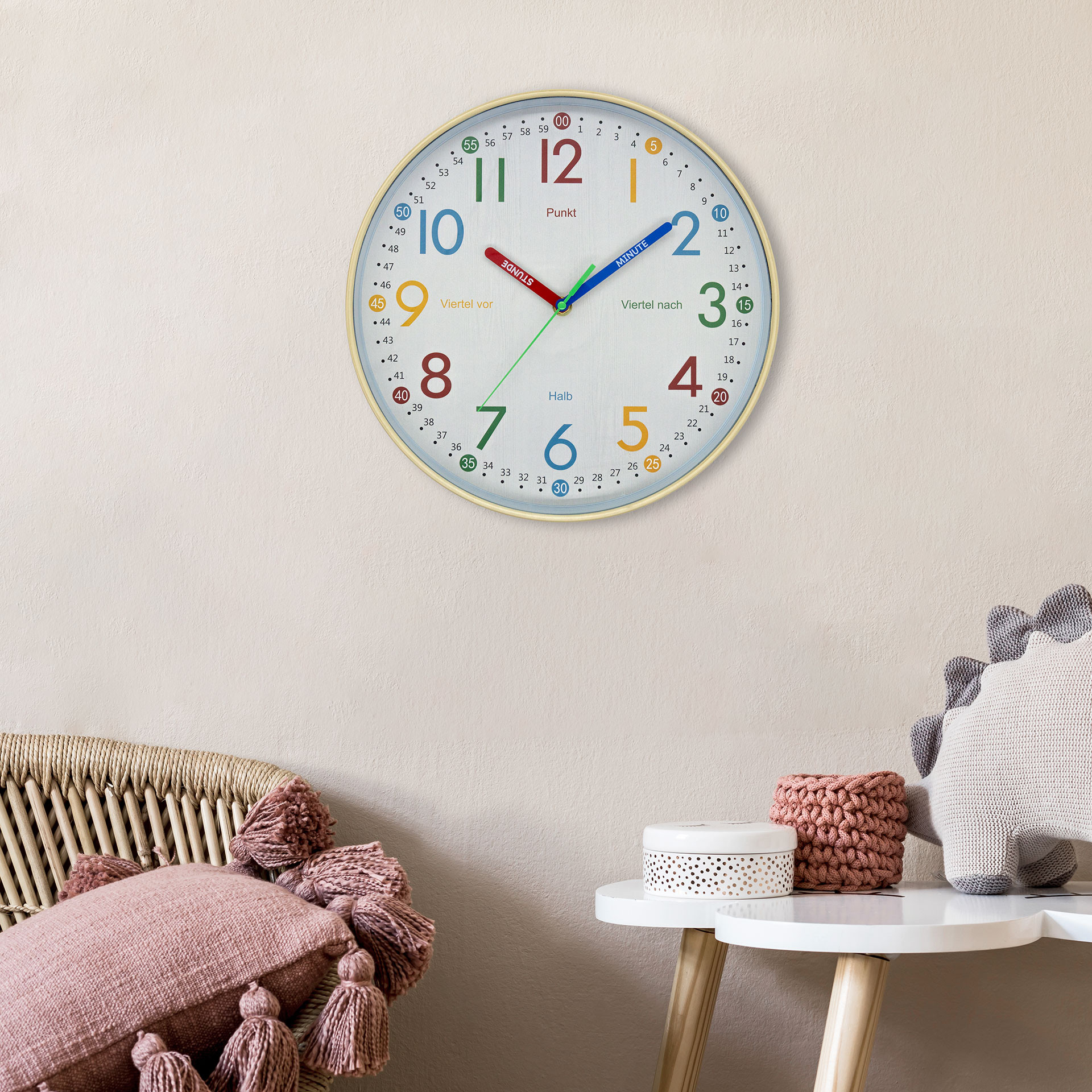 Kinderuhr - analoge Lernuhr rund für das Kinderzimmer - Wanduhr für Jungen & Mädchen - Holzoptik Ø30
