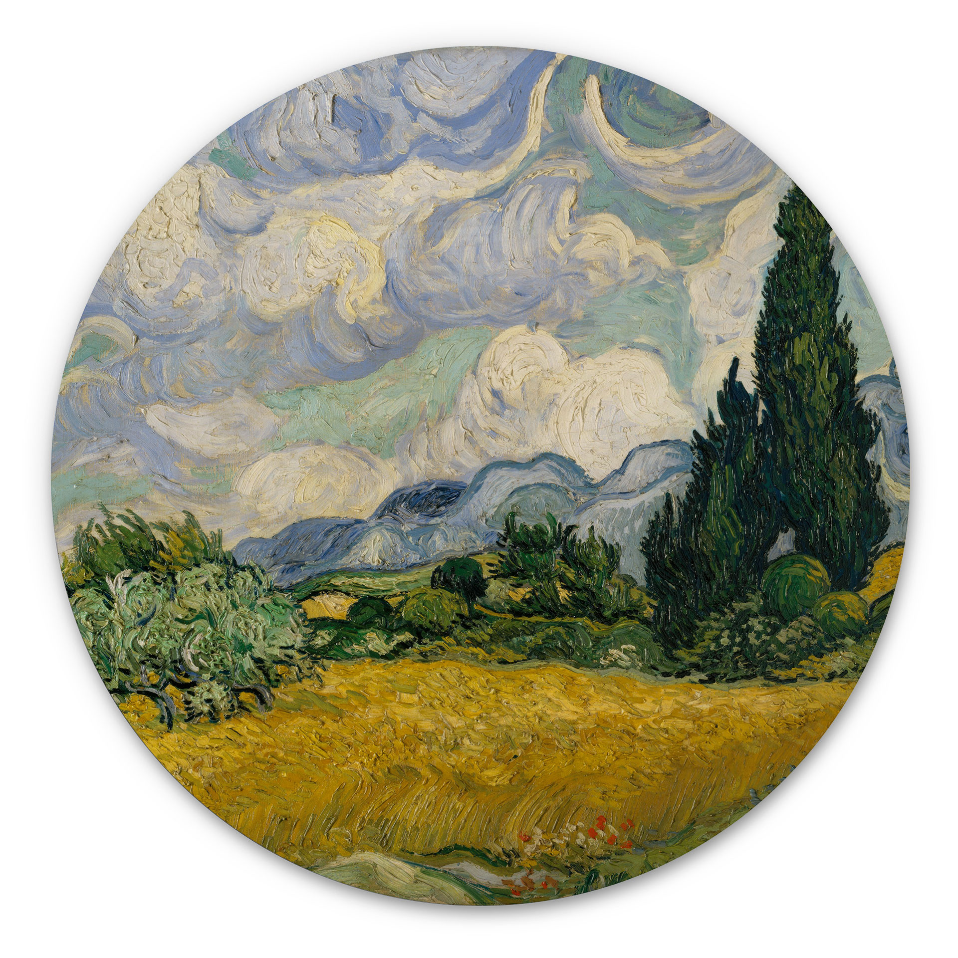 Obraz drewniany van Gogh - Pole pszenicy z cyprysami - Okrągły