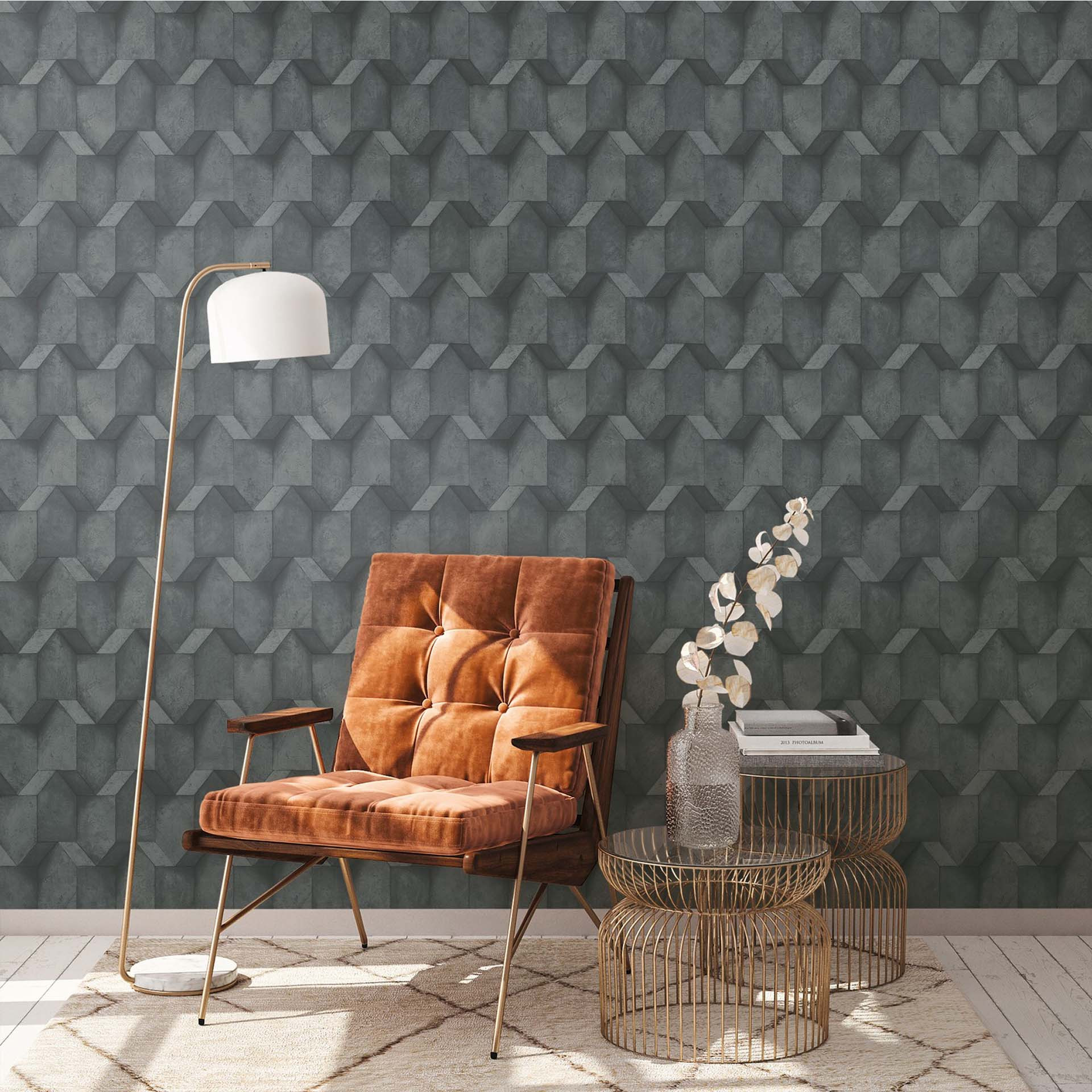 Papel pintado no tejido efecto 3D negro antracita efecto cemento pintado pasillo