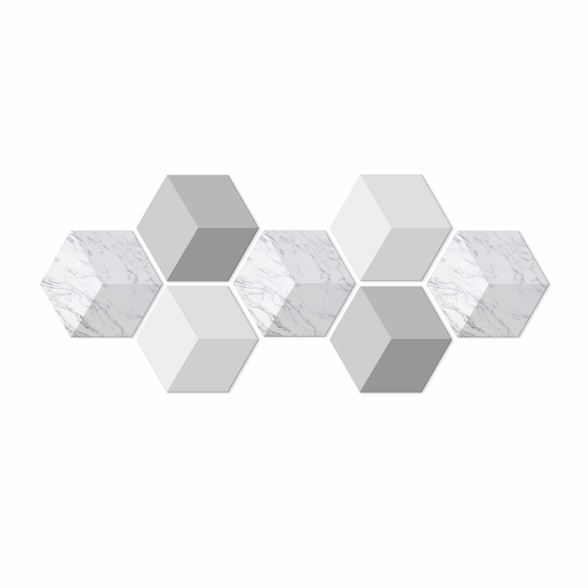 3D Hexagon Alu-Dibond sæt - Lys marmor (sæt med 7)