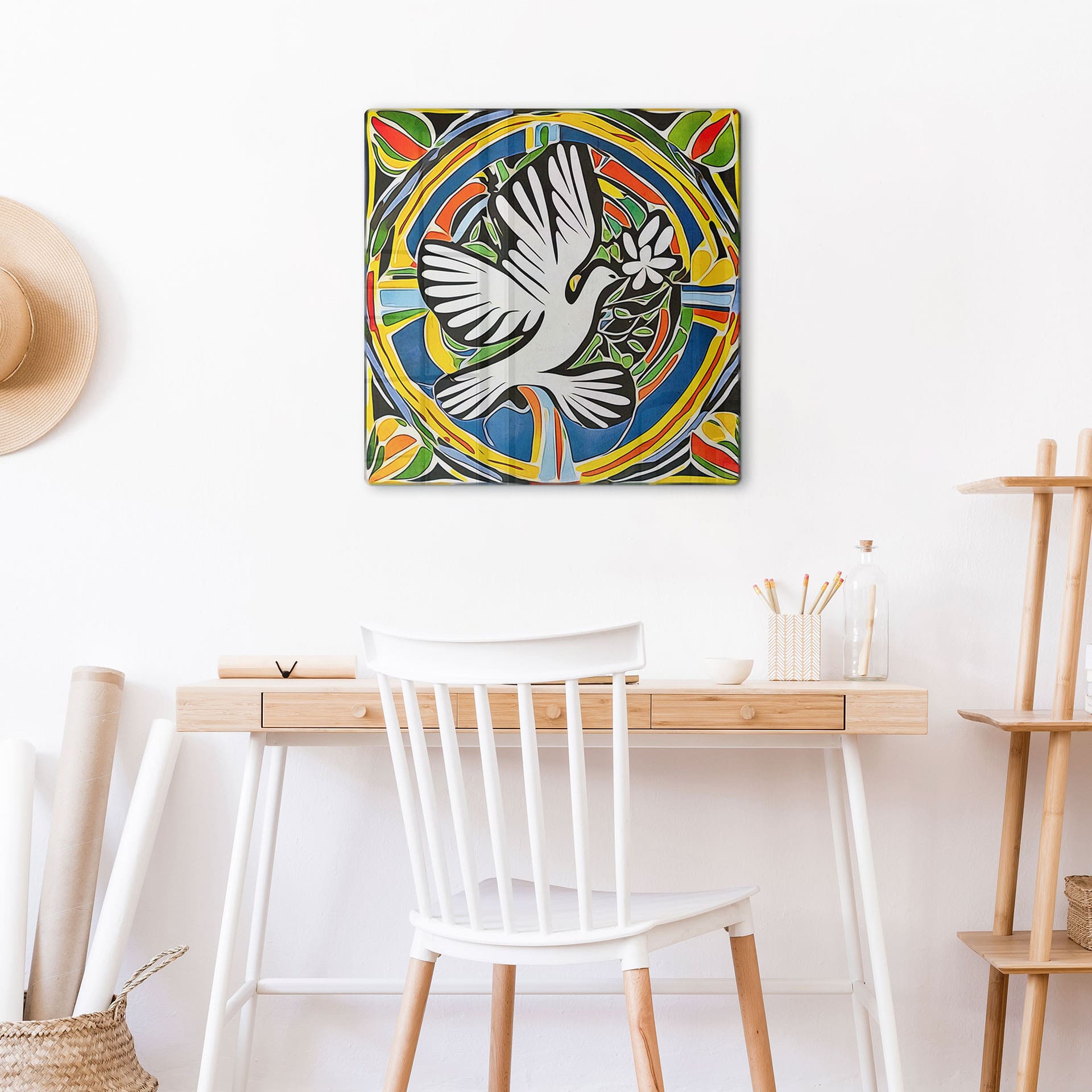 Glasbillede - Farverig fredsdue - inspireret af Matisse - Zamart