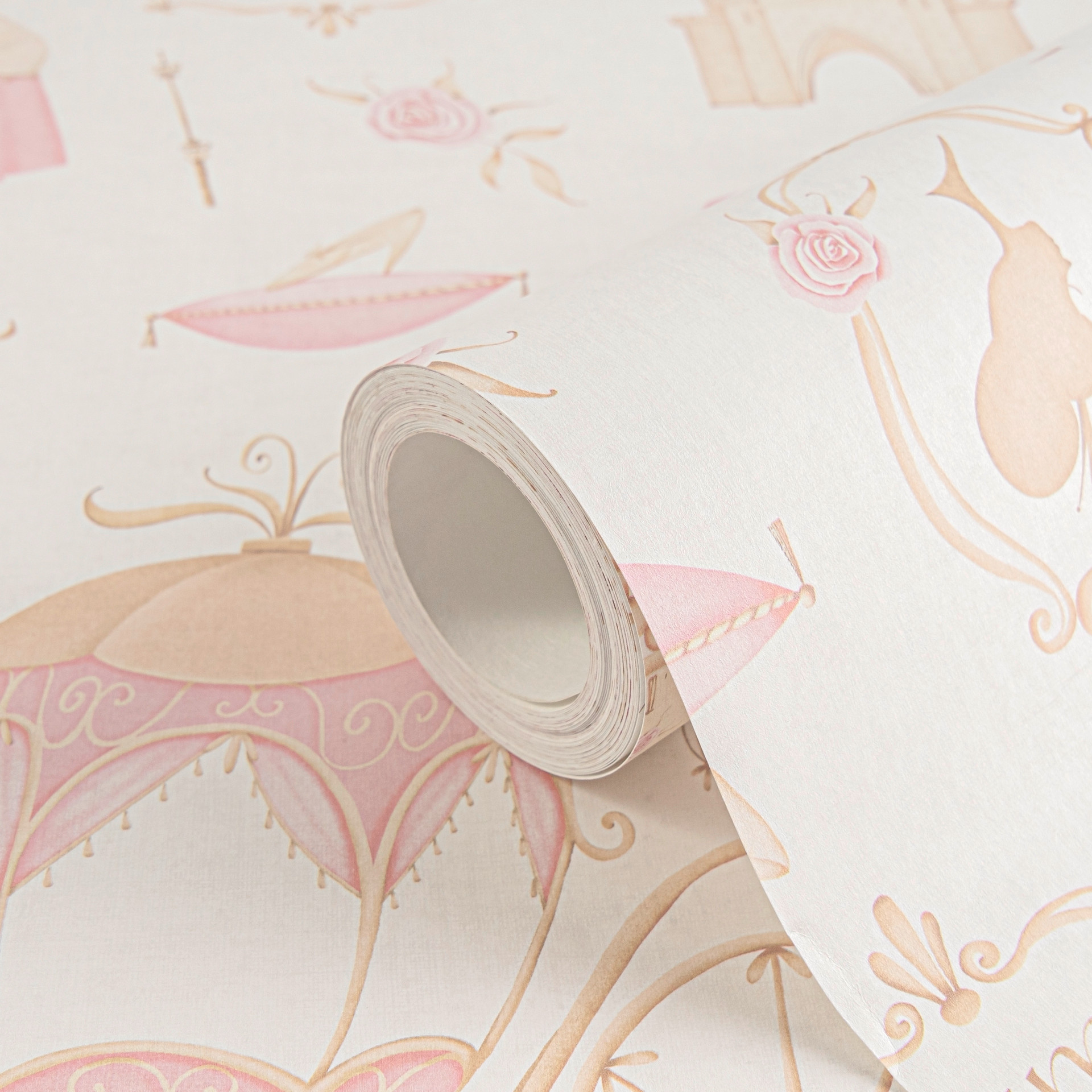 Prinses behang roze beige - kinderbehang met kasteel & koets