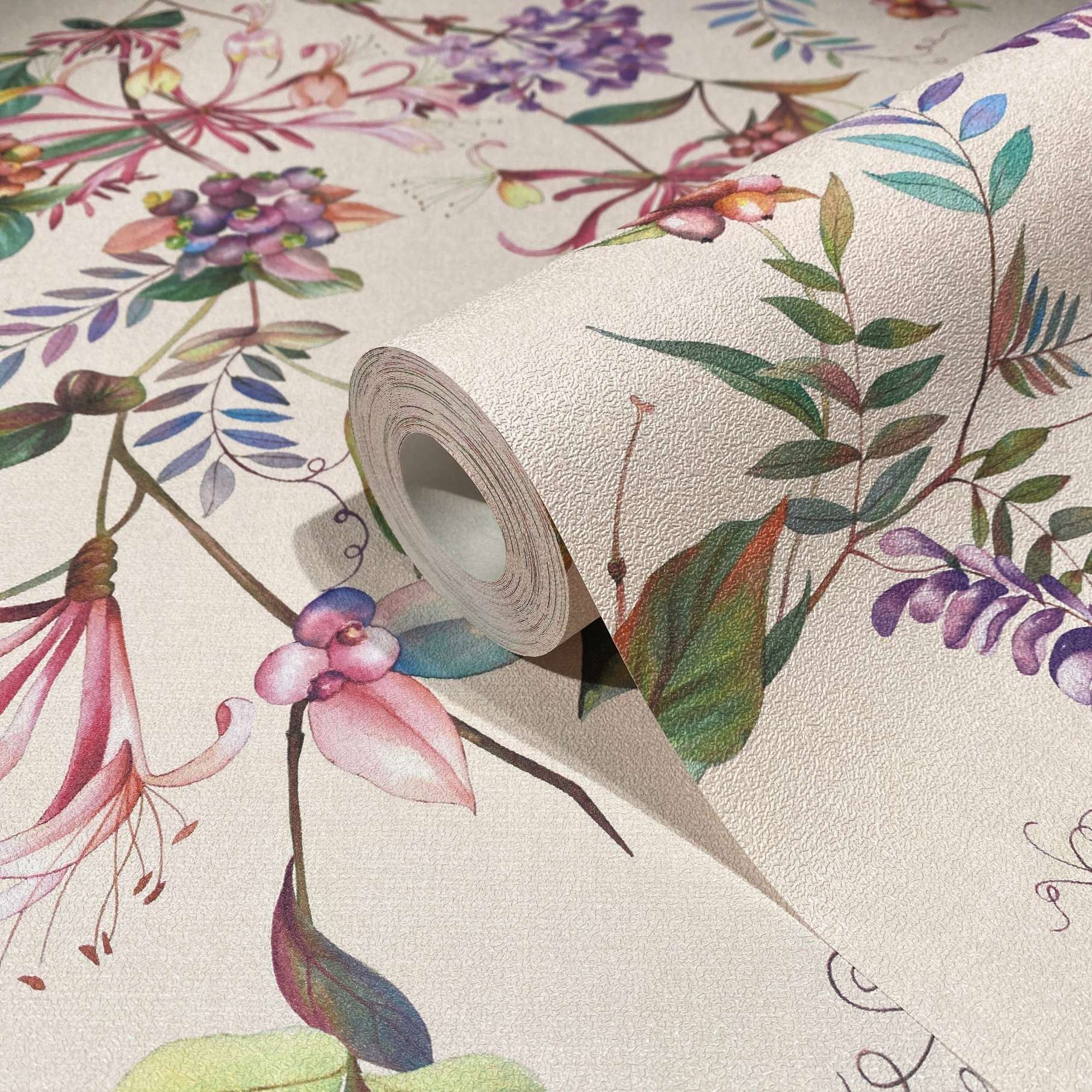 Behang, vlies bloemen behang Flora beige, roze