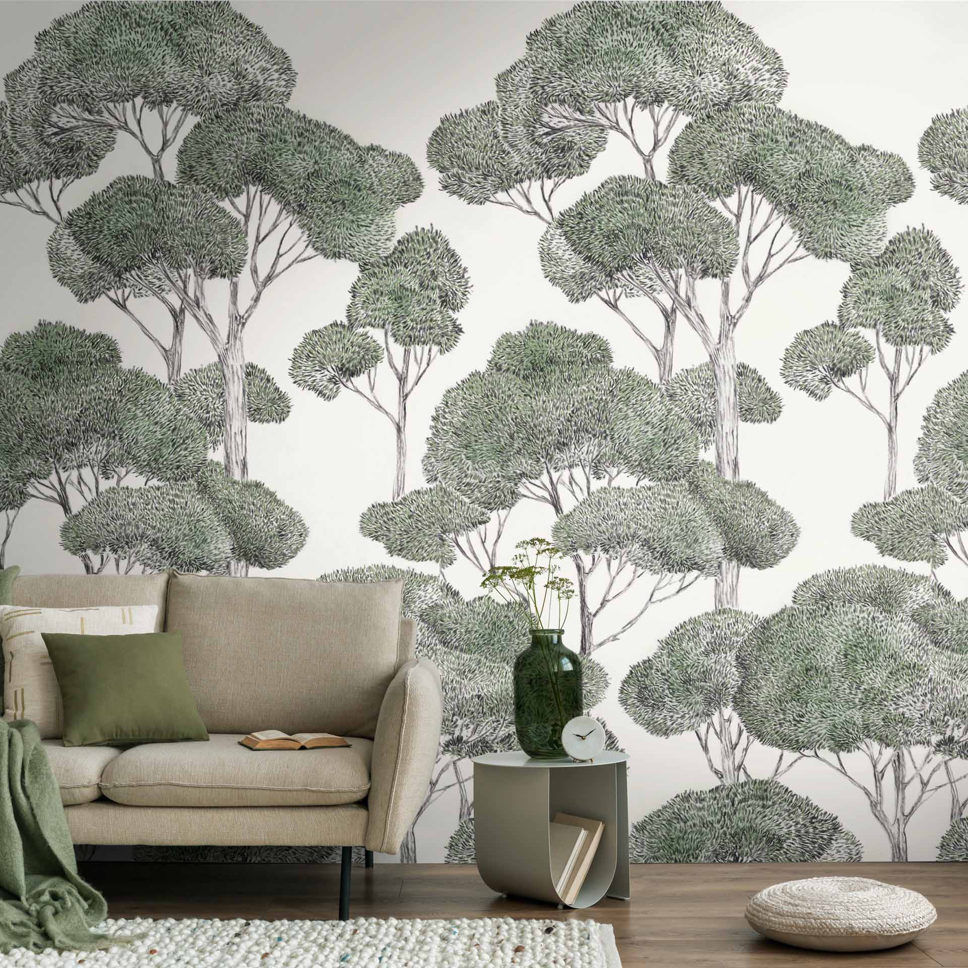 Vliesbehang bos bomen groen wit mat uittrekbaar 1,59 x 2,80 m Vliesbehang Wanddecoratie