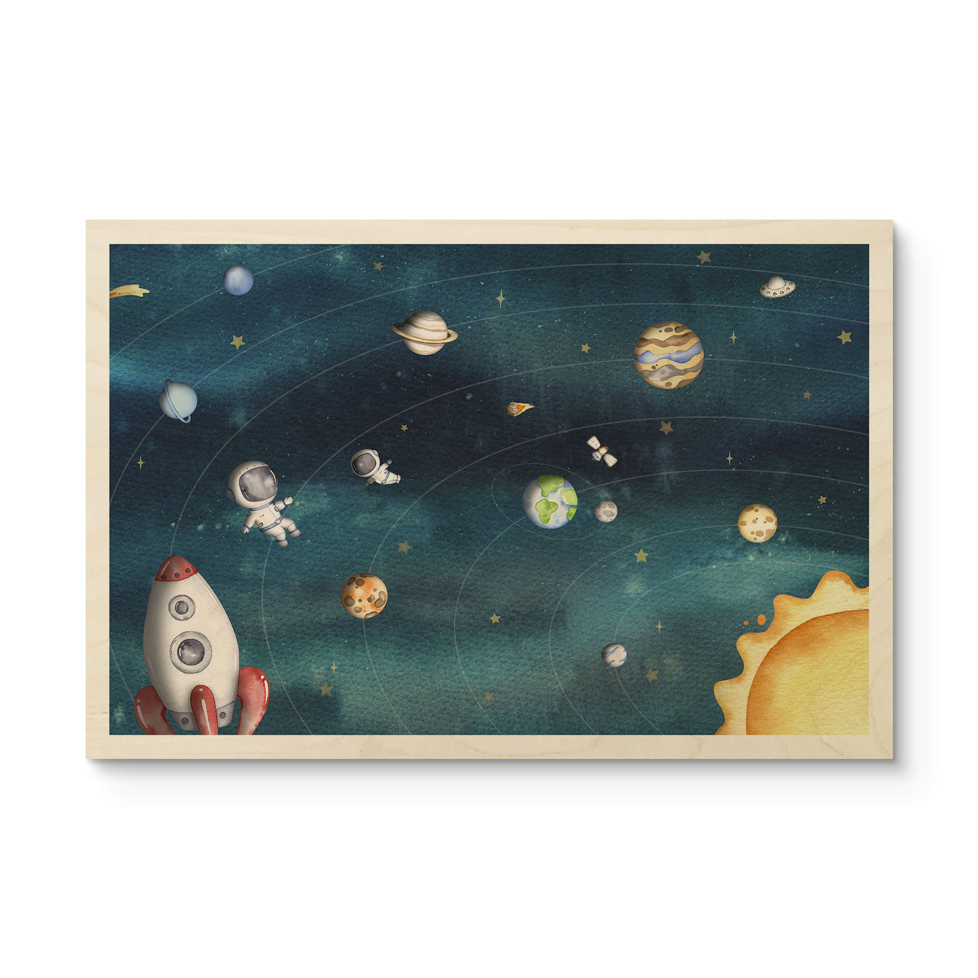 Plakat drewniany kosmiczna przygoda z astronautami - Oliver Robins