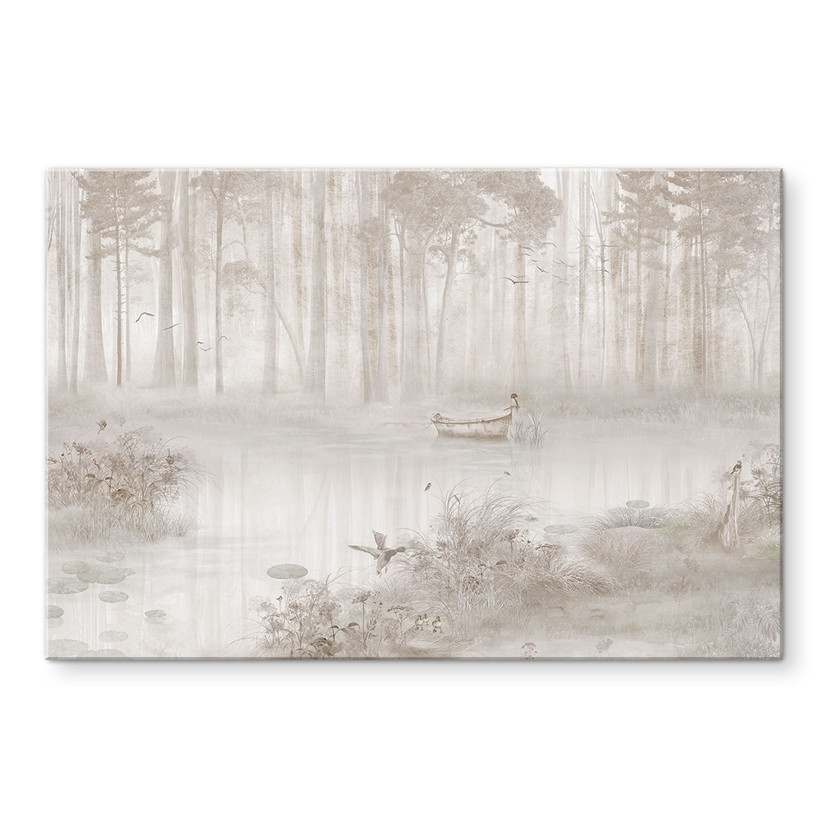 Glasschilderijen Bos bij het meer in mist in beige - Ms Tiff