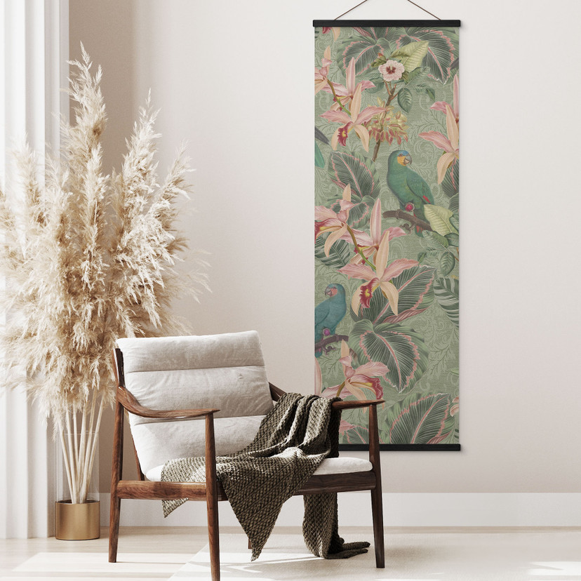 Tekstil plakat med papegøjer i grøn - Bloomery Decor - Panorama