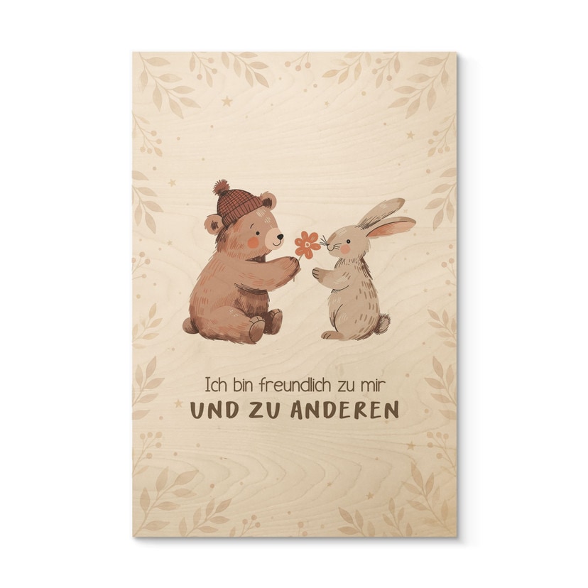 Holzbild mit Bär und Hase - Affirmation 'Ich bin freundlich' fürs Kinderzimmer