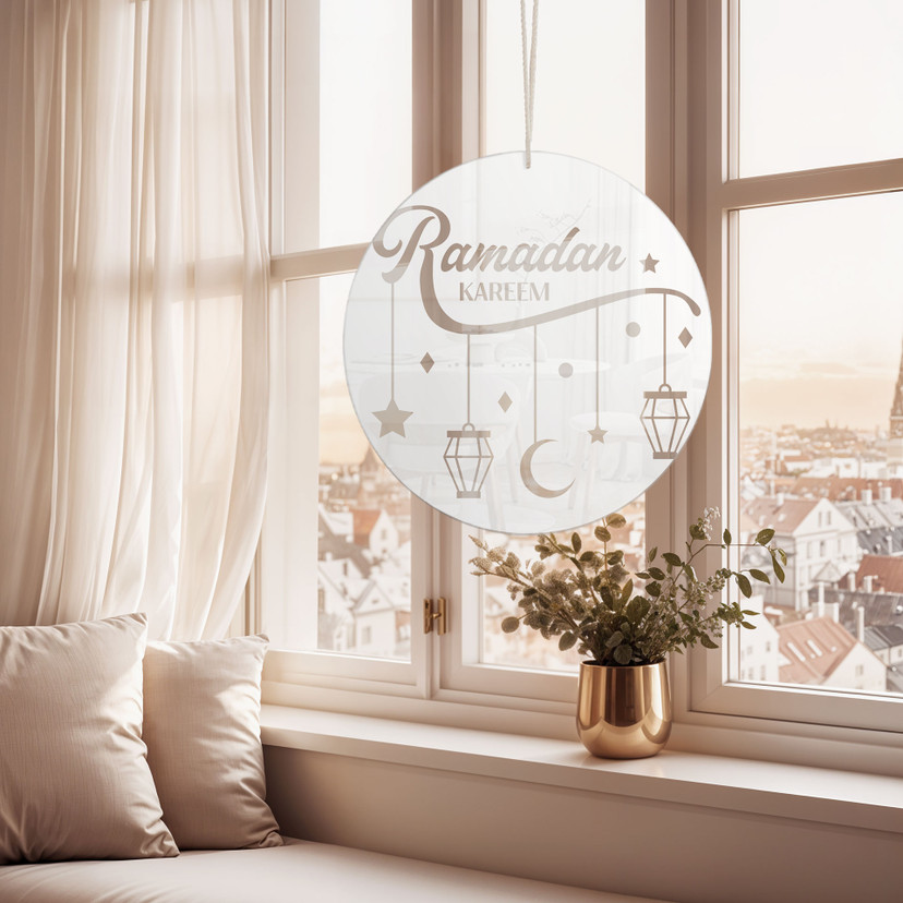 Akrylglasbillede, vinduesbillede til ophængning Ramadan Kareem - Månestjerner Lanterner - Rund