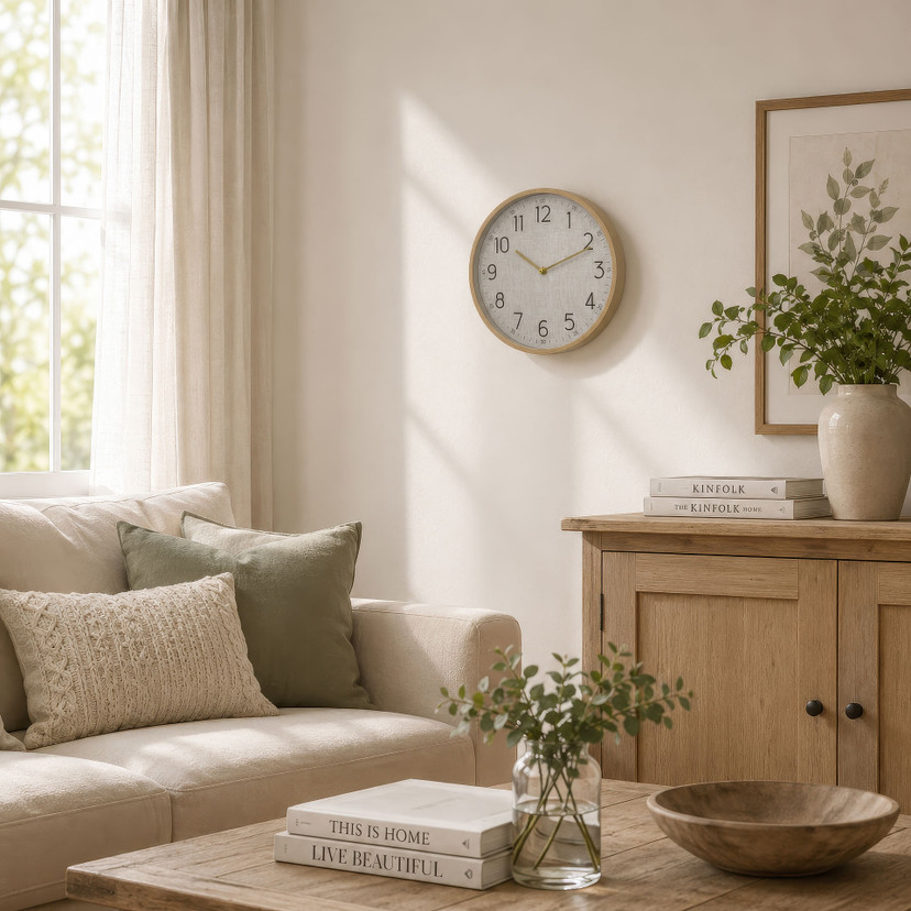 Horloge murale beige avec cadre effet bois, horloge à quartz ronde avec grands chiffres 30x30x4 cm