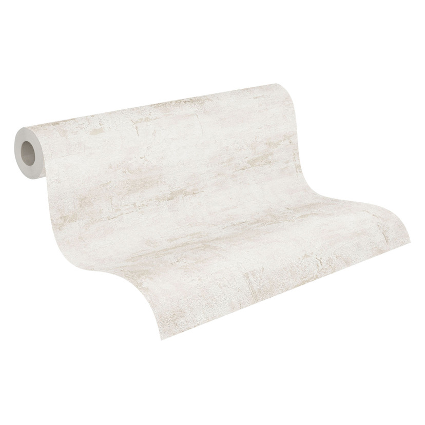 Tapeta teksturowana o wyglądzie tynku biało-beżowa - Tapeta z włókniny nowoczesna jednokolorowa