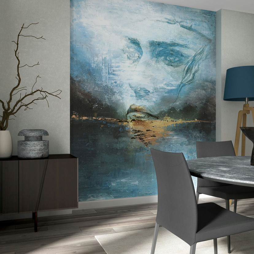 Papier peint photo bleu avec visage abstrait Graphique Nature 2,70 x 2,12m