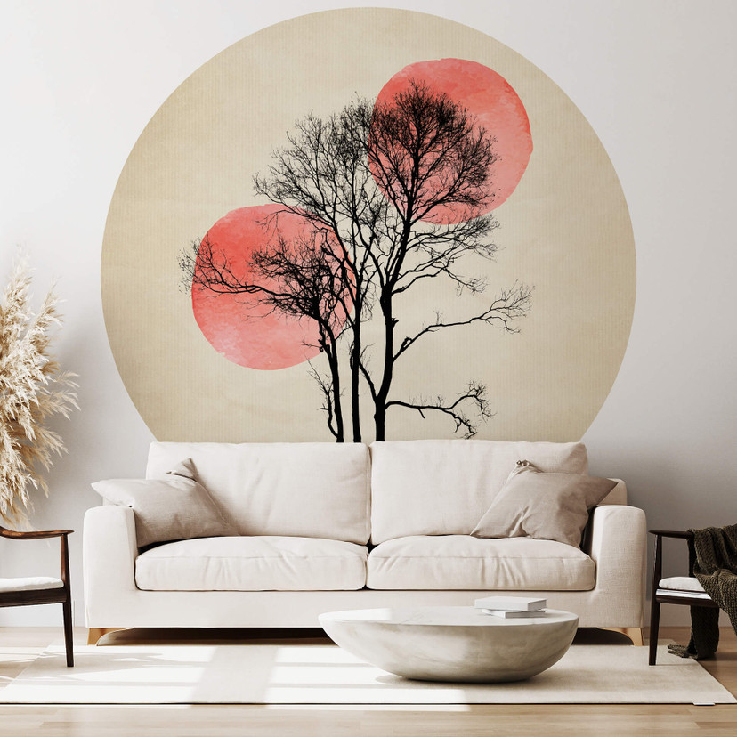 Papier photo Kubistika - Soleil et lune derrière l'arbre - Rond - papier peint intissé/papier peint