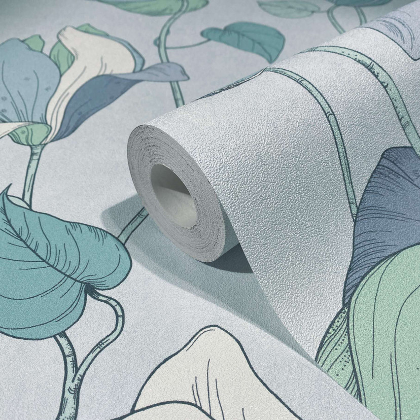 tapet, ikke-vævet blomstertapet Flora blå, grøn