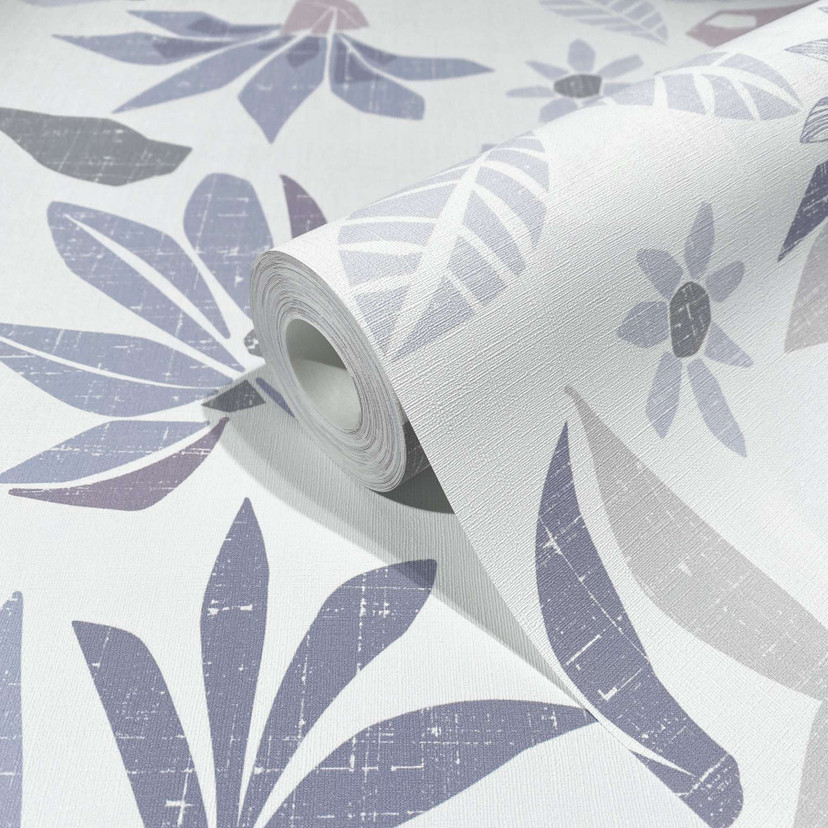 Tapet, non-woven blomstertapet Flora hvid, lilla