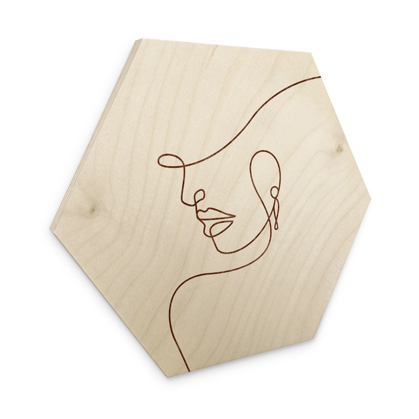 Stampa su legno esagonale Contorni delicati di una donna - Line Art - Tunaboylu