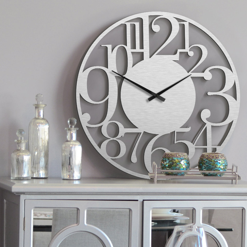 XXL Wanduhr Alu-Dibond-Silbereffekt - Modern - Ø 70 cm