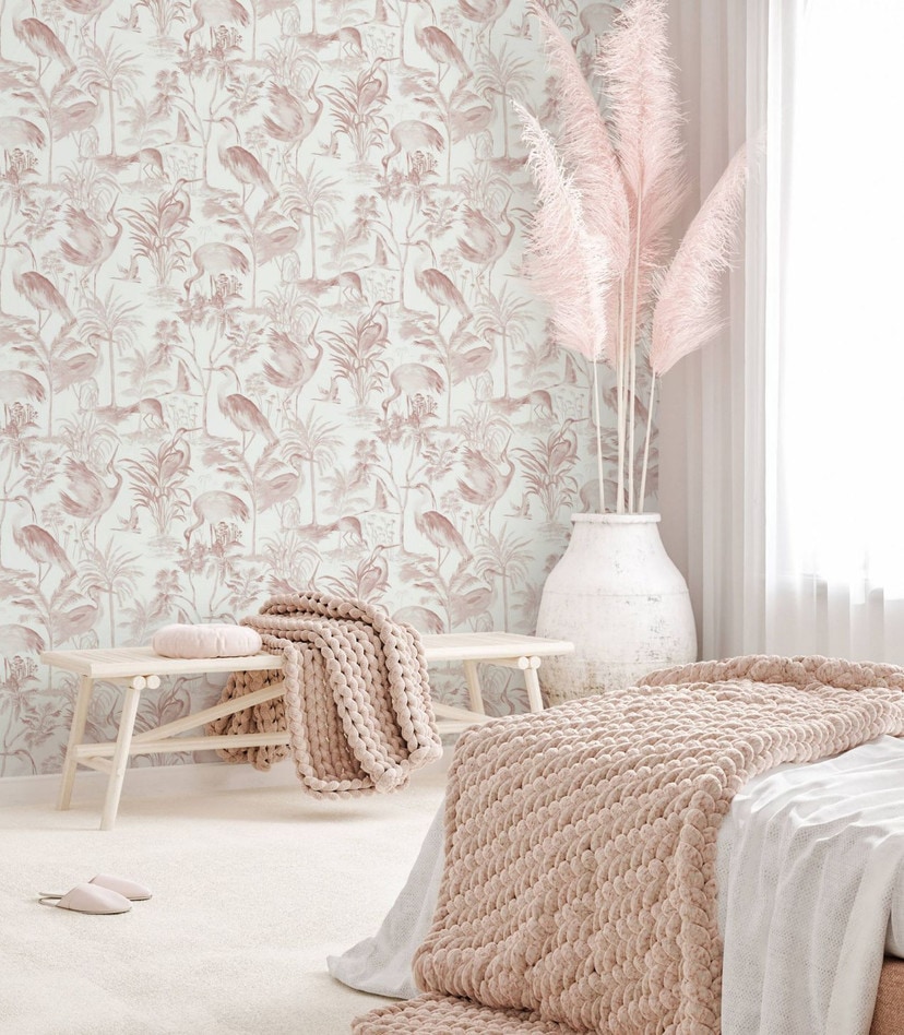 Bloemen behang, vliesbehangbehang Spirit of Jungle wit, roze