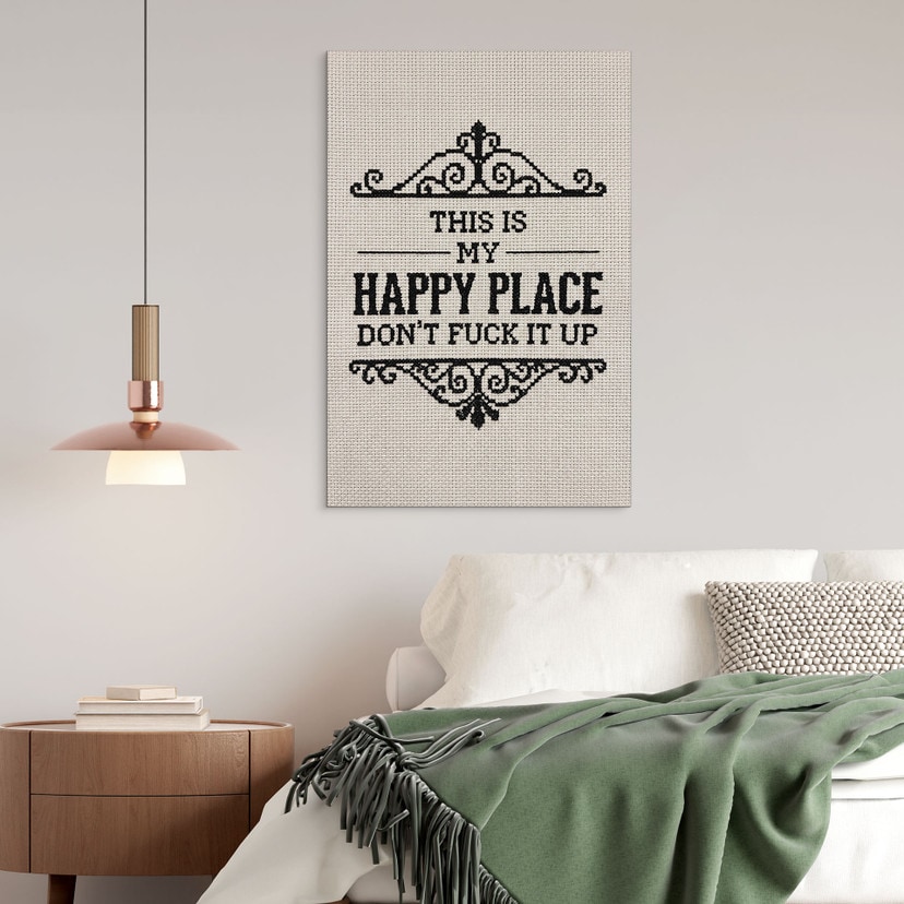 Tableau Happy Place Citation Motif Brodé - Magnusson - Alu-Dibond