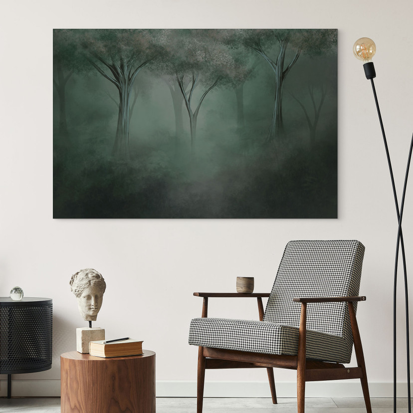 Wanddecoratie bos magie in de ochtendmist groen - Ms Tiff - Alu-Dibond