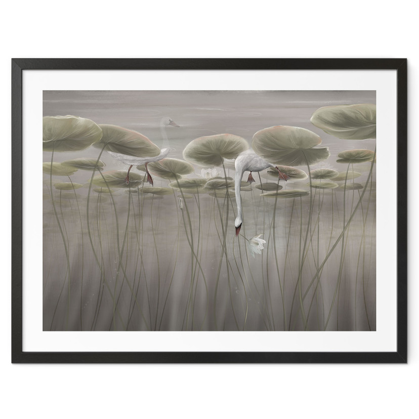 Poster lotusbloemen met zwaan in water in grijs - Ms Tiff