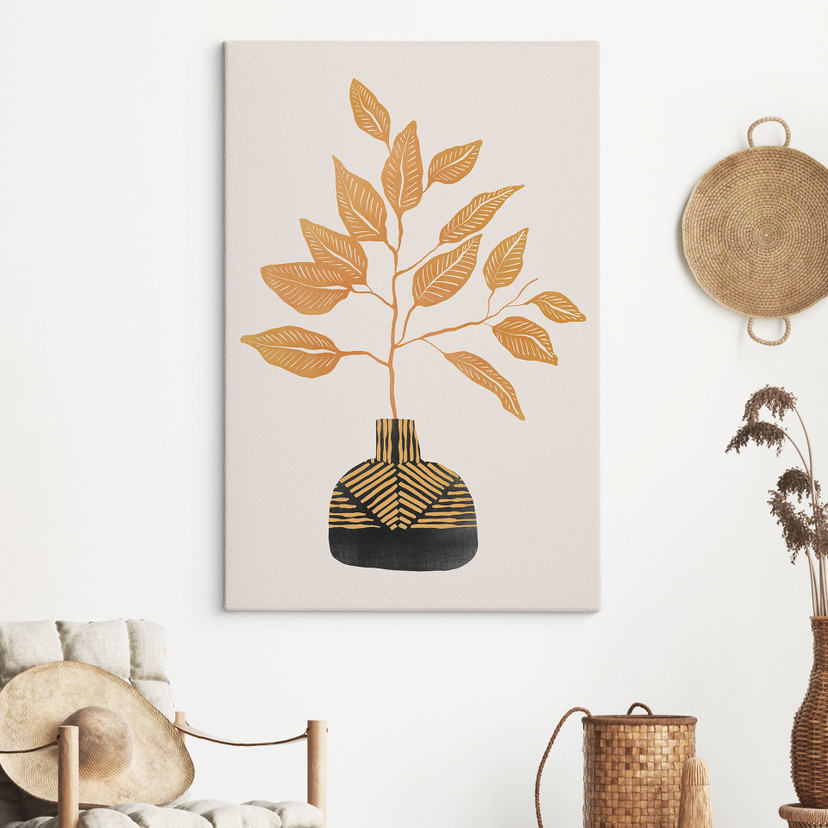Canvasbillede Gylden gren med blade | Bladmotiv til stuen - Cats & Dotz